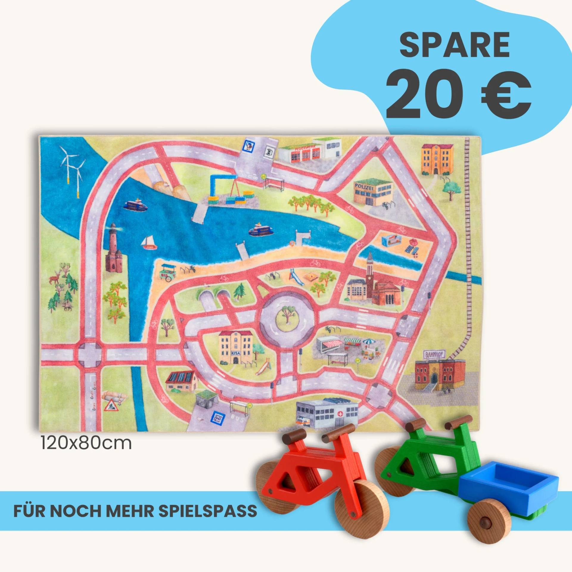 Spielteppich 120x80cm im Starter-Set | Spielzeugfahrrad aus Holz (Farbe): Rot | Spielzeuglastenrad aus Holz (Farbe): Grün | Flache Transportbox Lastenrad (Farbe): Blau