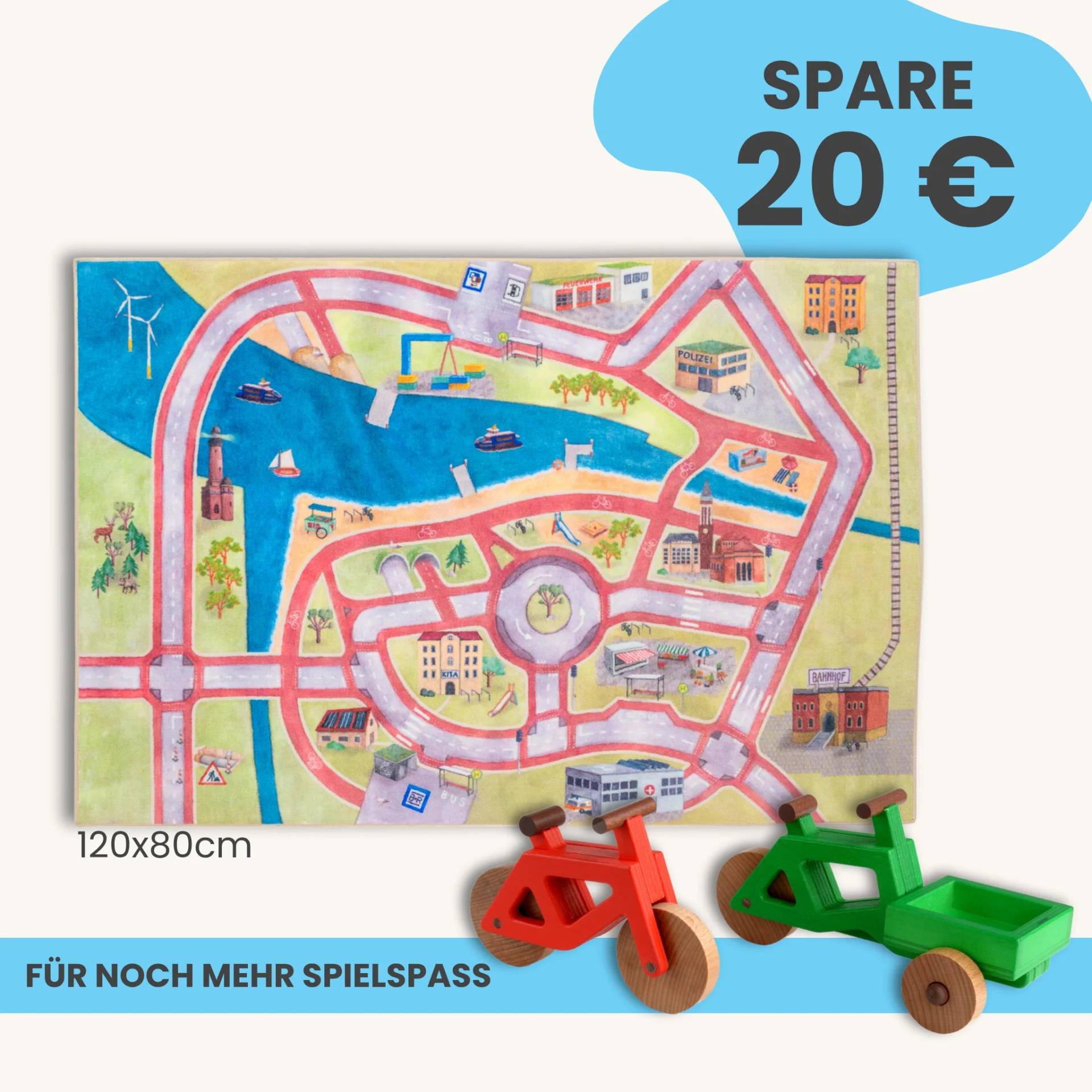 Spielteppich 120x80cm im Starter-Set | Spielzeugfahrrad aus Holz (Farbe): Rot | Spielzeuglastenrad aus Holz (Farbe): Grün | Flache Transportbox Lastenrad (Farbe): Grün