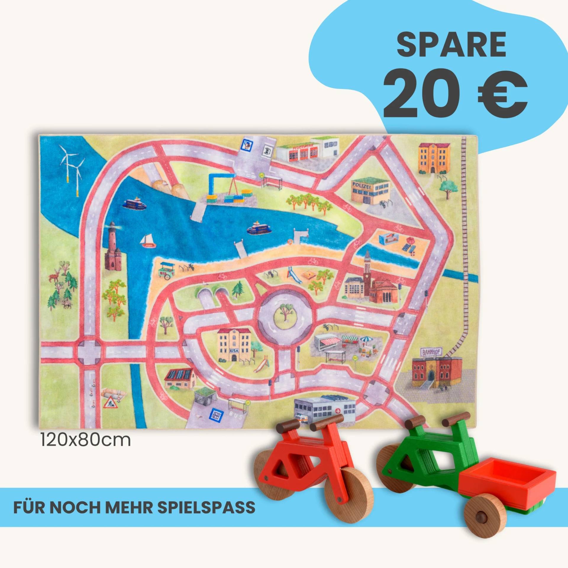 Spielteppich 120x80cm im Starter-Set | Spielzeugfahrrad aus Holz (Farbe): Rot | Spielzeuglastenrad aus Holz (Farbe): Grün | Flache Transportbox Lastenrad (Farbe): Rot