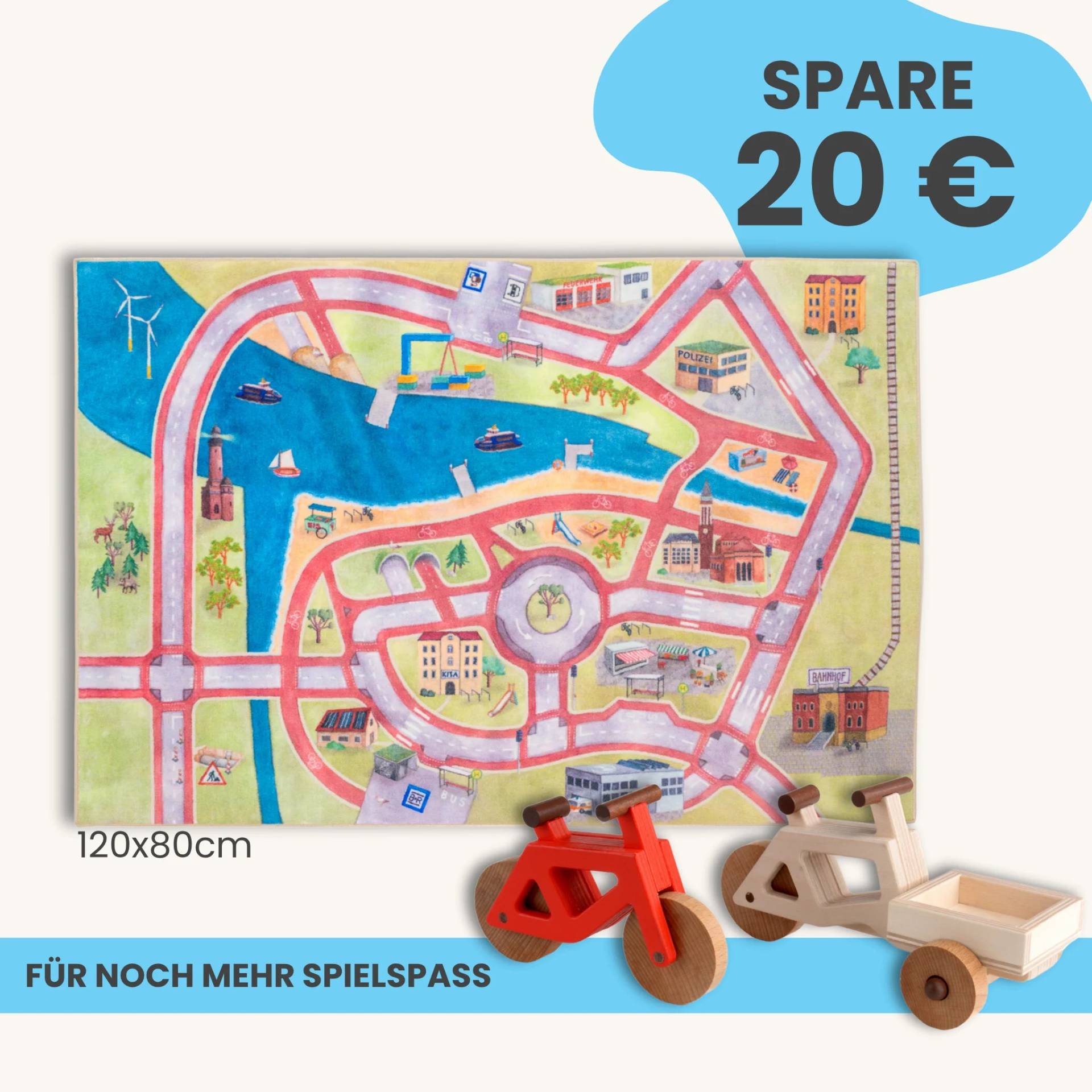 Spielteppich 120x80cm im Starter-Set | Spielzeugfahrrad aus Holz (Farbe): Rot | Spielzeuglastenrad aus Holz (Farbe): Natur | Flache Transportbox Lastenrad (Farbe): Natur