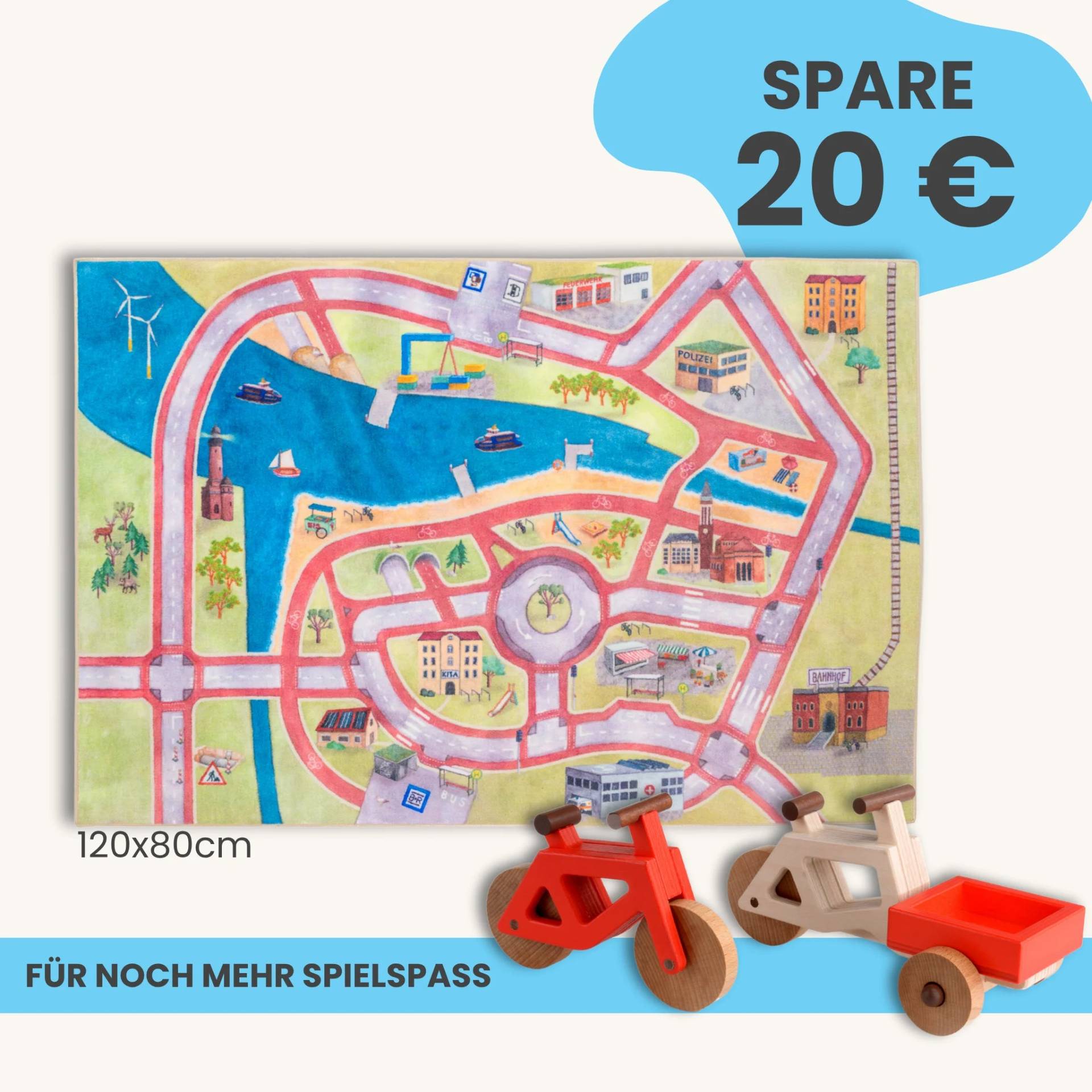 Spielteppich 120x80cm im Starter-Set | Spielzeugfahrrad aus Holz (Farbe): Rot | Spielzeuglastenrad aus Holz (Farbe): Natur | Flache Transportbox Lastenrad (Farbe): Rot