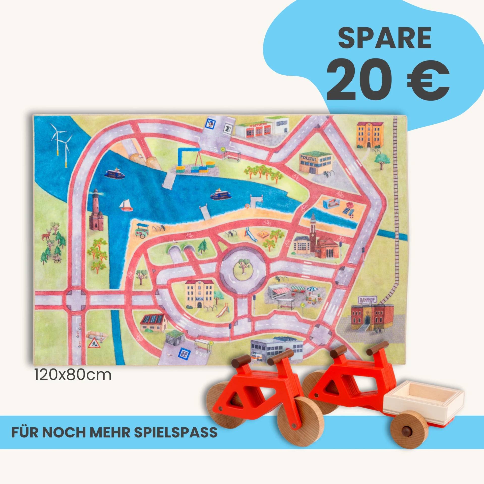 Spielteppich 120x80cm im Starter-Set | Spielzeugfahrrad aus Holz (Farbe): Rot | Spielzeuglastenrad aus Holz (Farbe): Rot | Flache Transportbox Lastenrad (Farbe): Natur