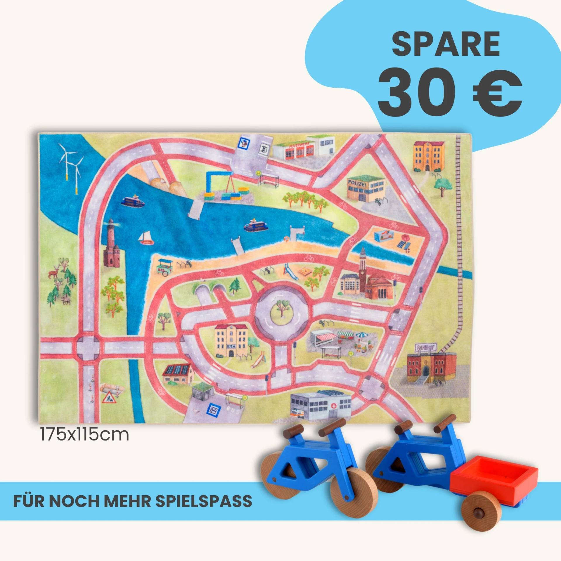 Spielteppich 175x115cm im Starter-Set | Spielzeugfahrrad aus Holz (Farbe): Blau | Spielzeuglastenrad aus Holz (Farbe): Blau | Flache Transportbox Lastenrad (Farbe): Rot