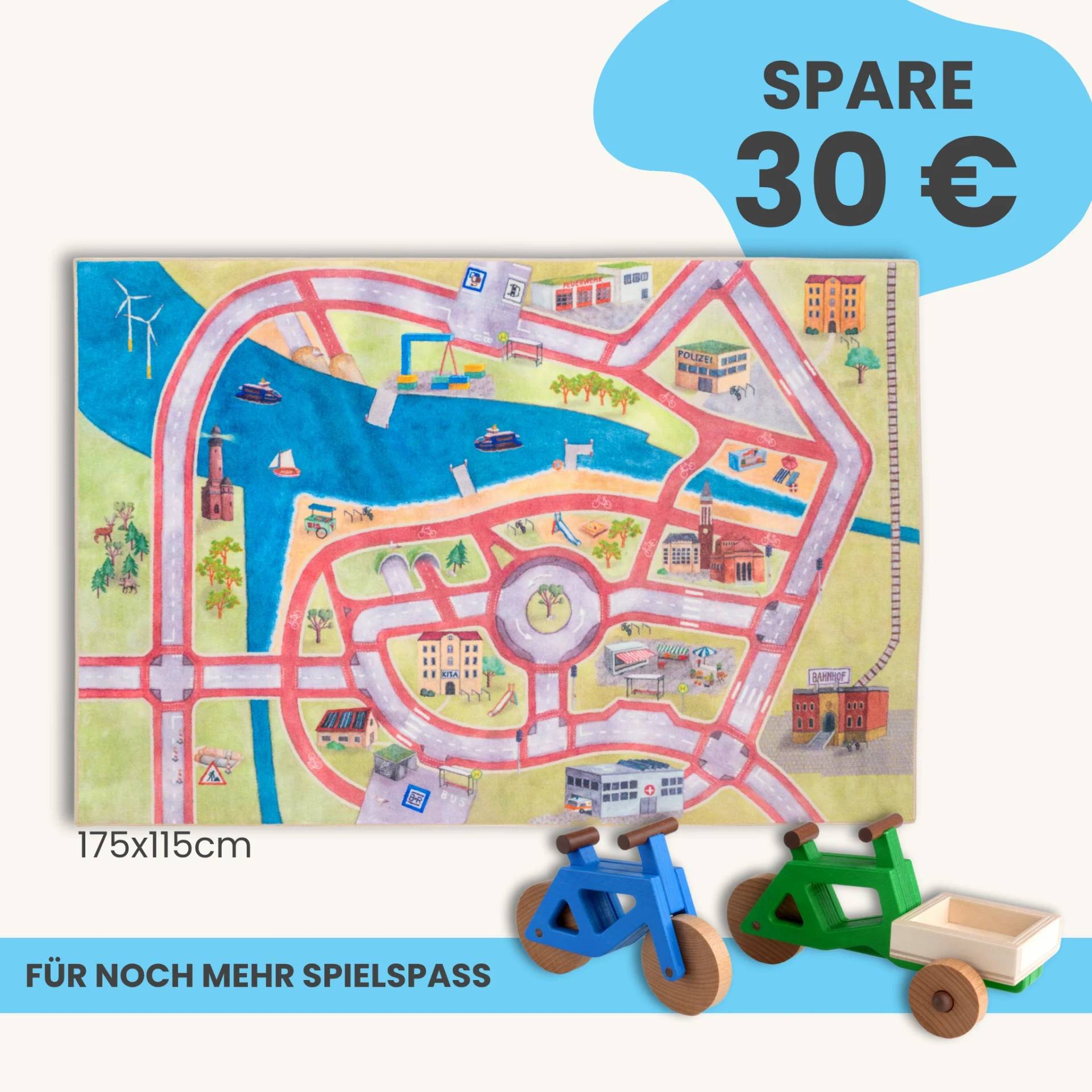 Spielteppich 175x115cm im Starter-Set | Spielzeugfahrrad aus Holz (Farbe): Blau | Spielzeuglastenrad aus Holz (Farbe): Grün | Flache Transportbox Lastenrad (Farbe): Natur