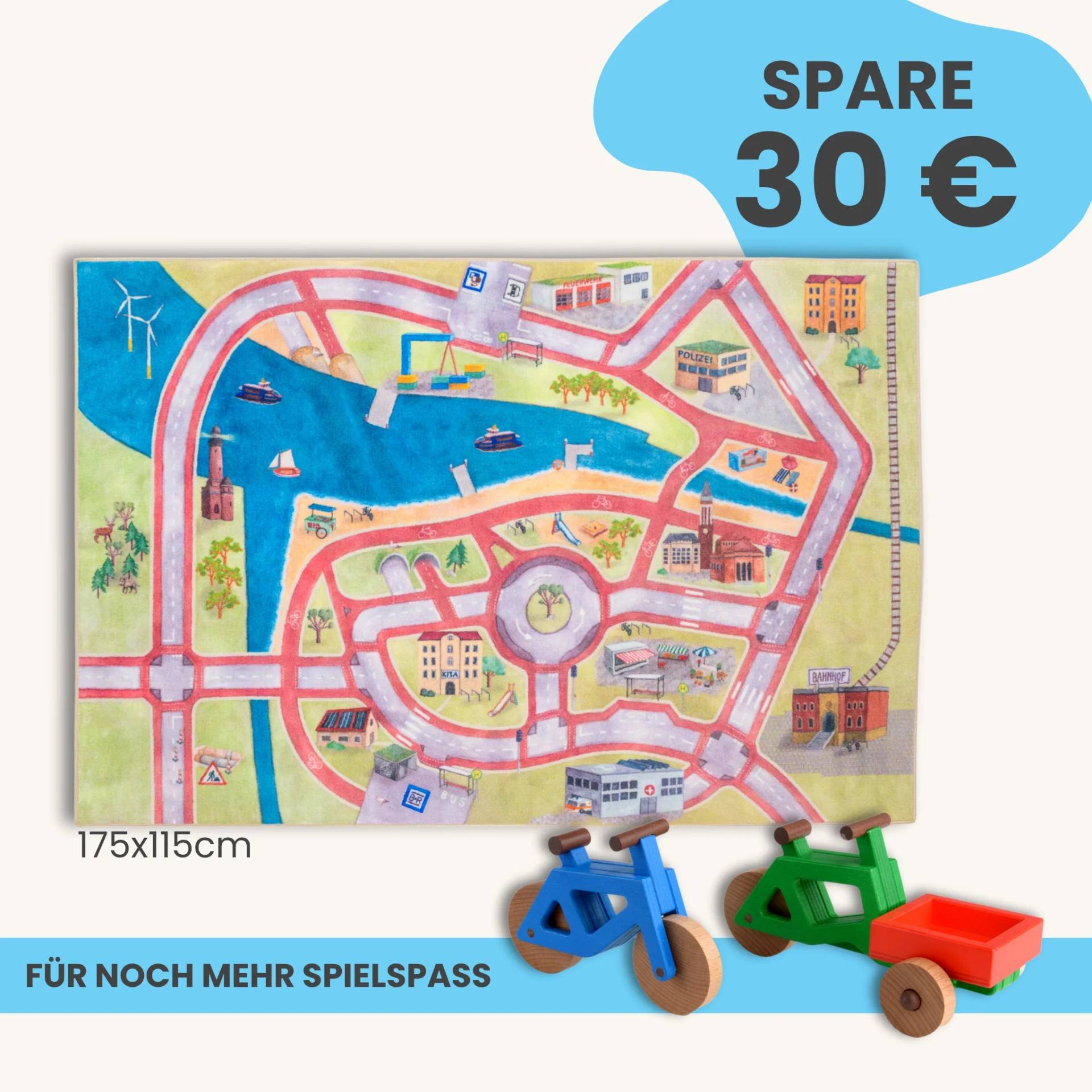 Spielteppich 175x115cm im Starter-Set | Spielzeugfahrrad aus Holz (Farbe): Blau | Spielzeuglastenrad aus Holz (Farbe): Grün | Flache Transportbox Lastenrad (Farbe): Rot