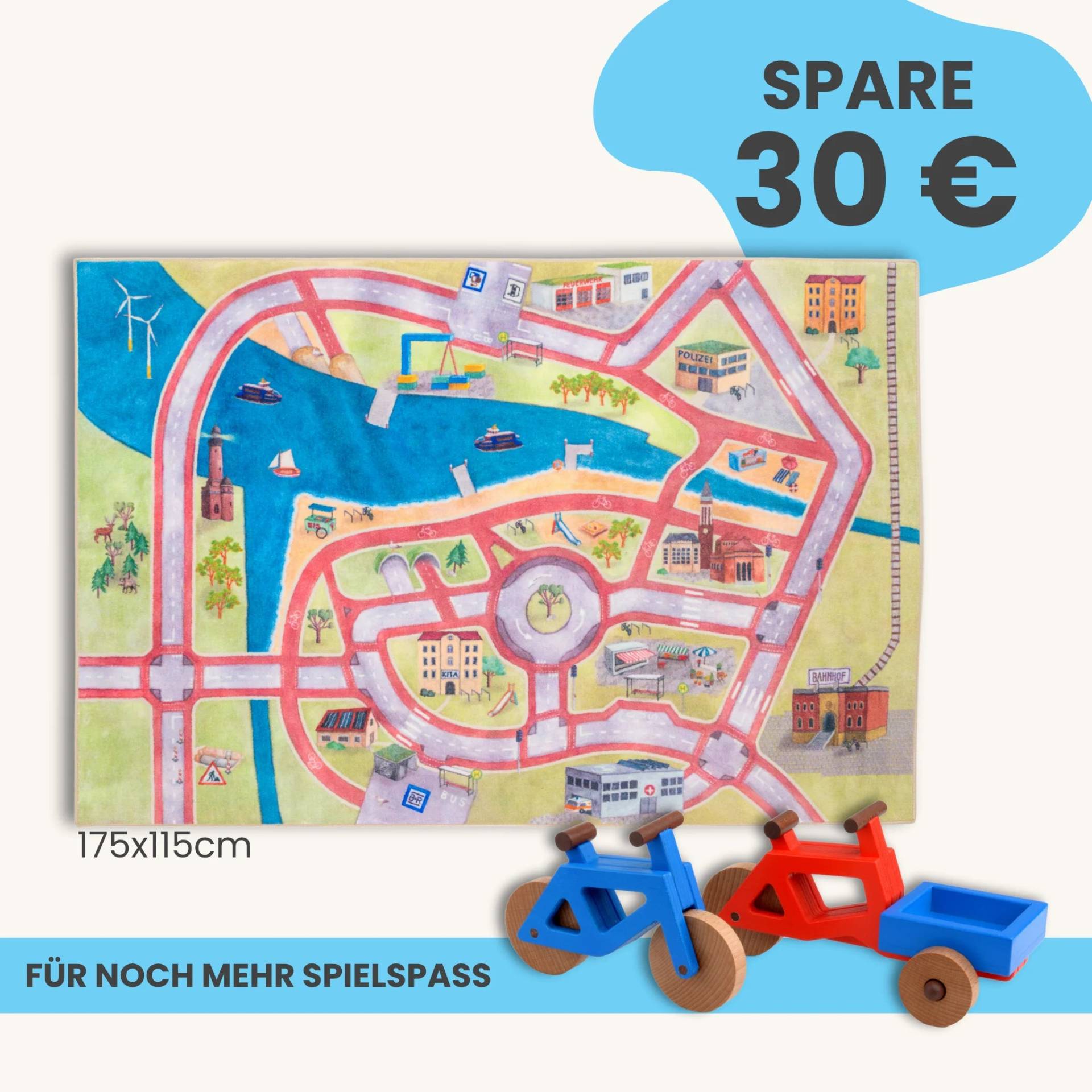 Spielteppich 175x115cm im Starter-Set | Spielzeugfahrrad aus Holz (Farbe): Blau | Spielzeuglastenrad aus Holz (Farbe): Rot | Flache Transportbox Lastenrad (Farbe): Blau