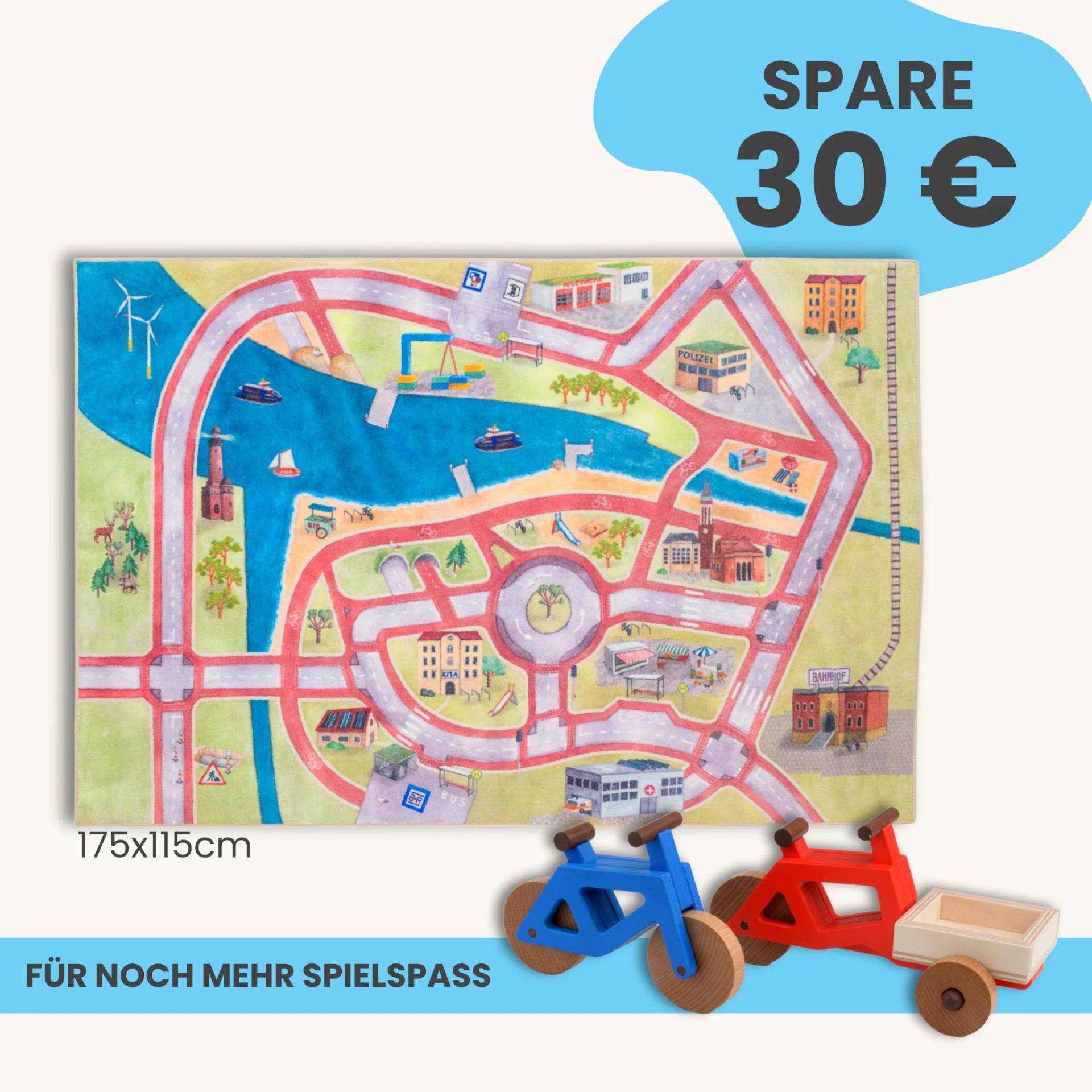 Spielteppich 175x115cm im Starter-Set | Spielzeugfahrrad aus Holz (Farbe): Blau | Spielzeuglastenrad aus Holz (Farbe): Rot | Flache Transportbox Lastenrad (Farbe): Natur
