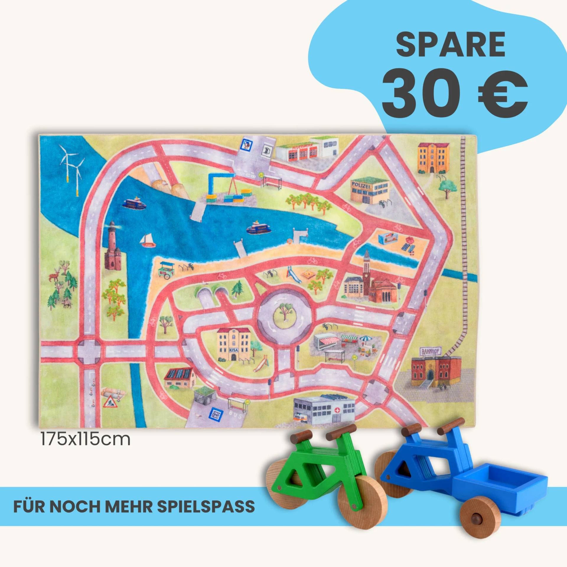 Spielteppich 175x115cm im Starter-Set | Spielzeugfahrrad aus Holz (Farbe): Grün | Spielzeuglastenrad aus Holz (Farbe): Blau | Flache Transportbox Lastenrad (Farbe): Blau