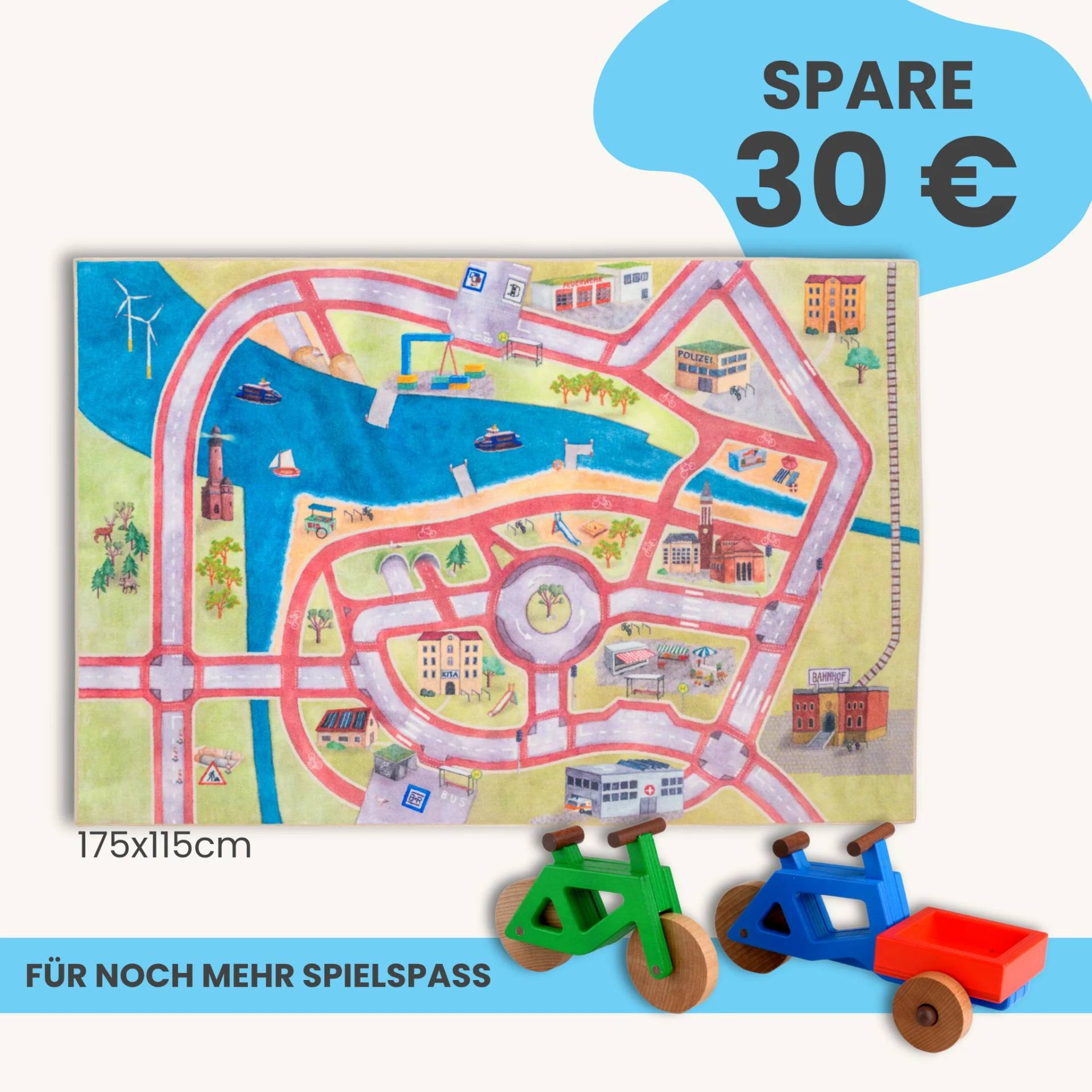 Spielteppich 175x115cm im Starter-Set | Spielzeugfahrrad aus Holz (Farbe): Grün | Spielzeuglastenrad aus Holz (Farbe): Blau | Flache Transportbox Lastenrad (Farbe): Rot