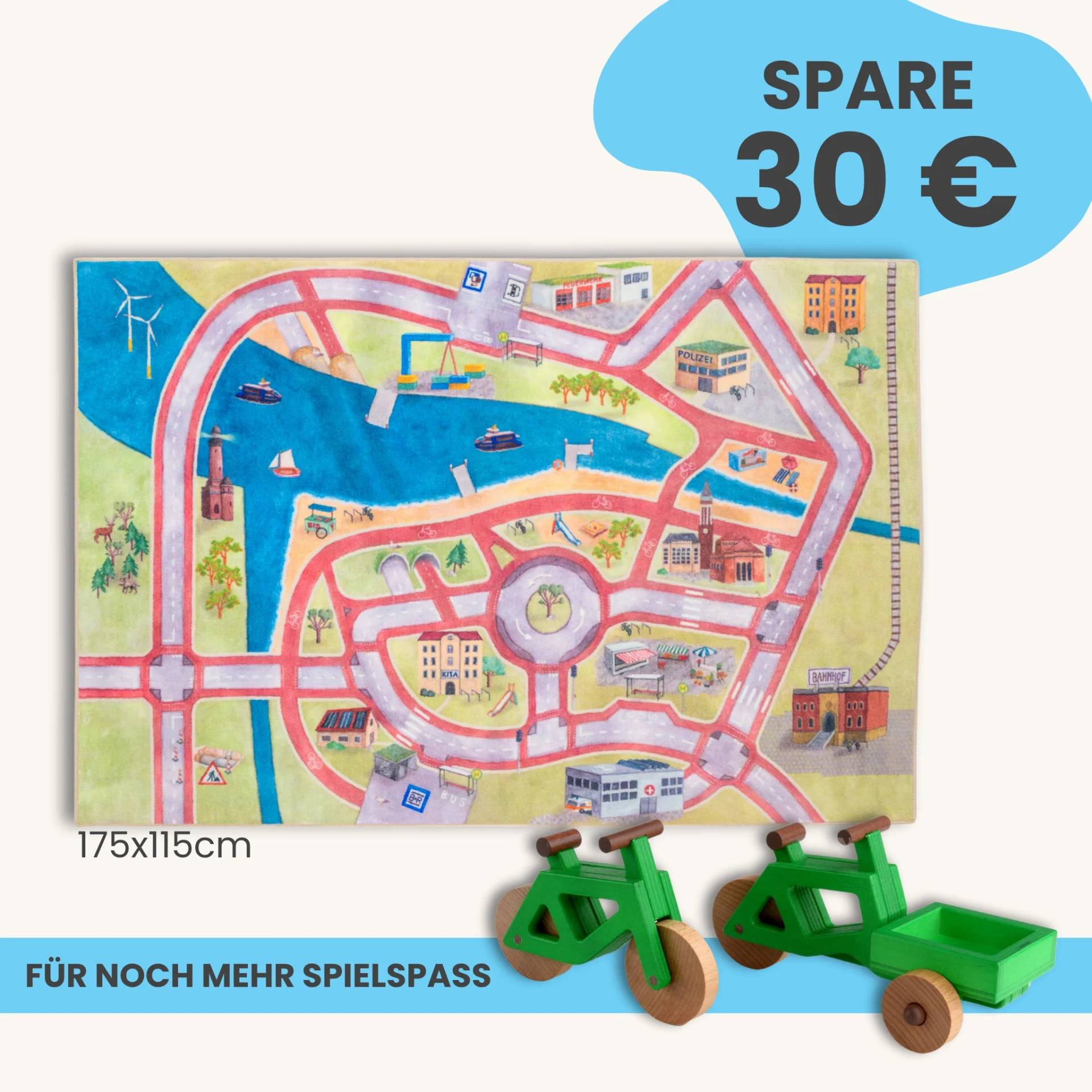 Spielteppich 175x115cm im Starter-Set | Spielzeugfahrrad aus Holz (Farbe): Grün | Spielzeuglastenrad aus Holz (Farbe): Grün | Flache Transportbox Lastenrad (Farbe): Grün