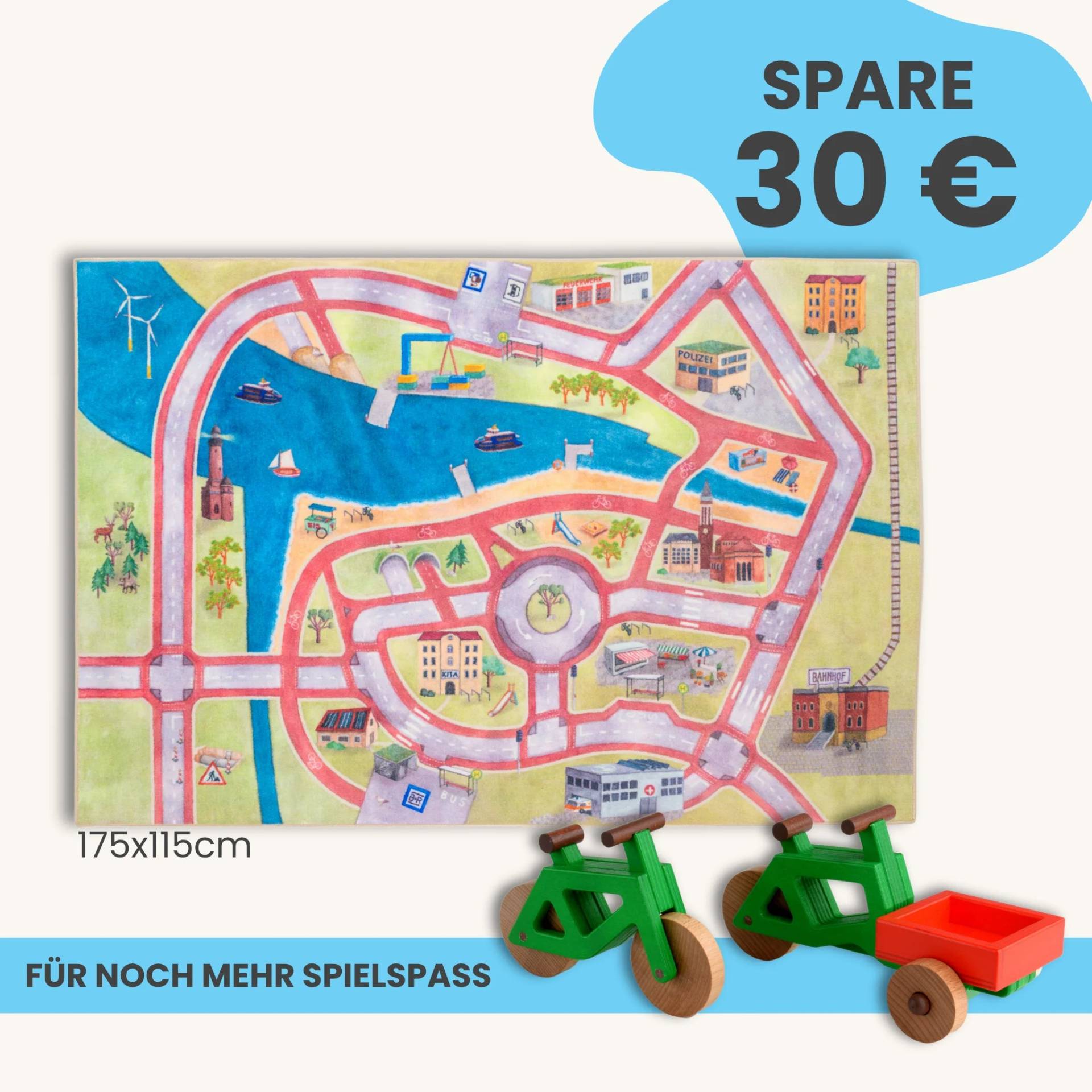 Spielteppich 175x115cm im Starter-Set | Spielzeugfahrrad aus Holz (Farbe): Grün | Spielzeuglastenrad aus Holz (Farbe): Grün | Flache Transportbox Lastenrad (Farbe): Rot