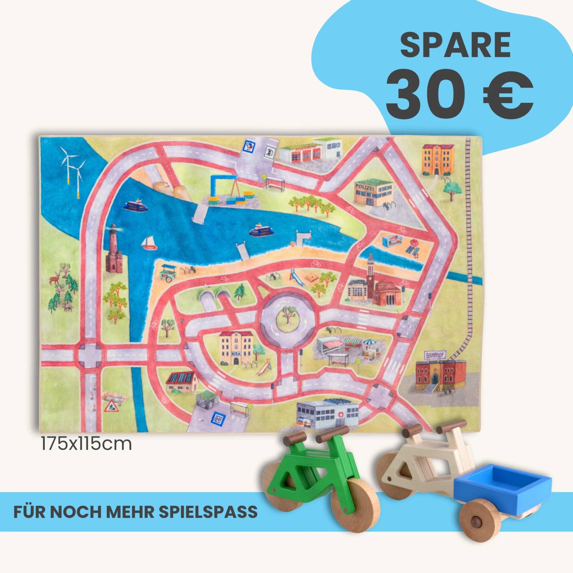 Spielteppich 175x115cm im Starter-Set | Spielzeugfahrrad aus Holz (Farbe): Grün | Spielzeuglastenrad aus Holz (Farbe): Natur | Flache Transportbox Lastenrad (Farbe): Blau