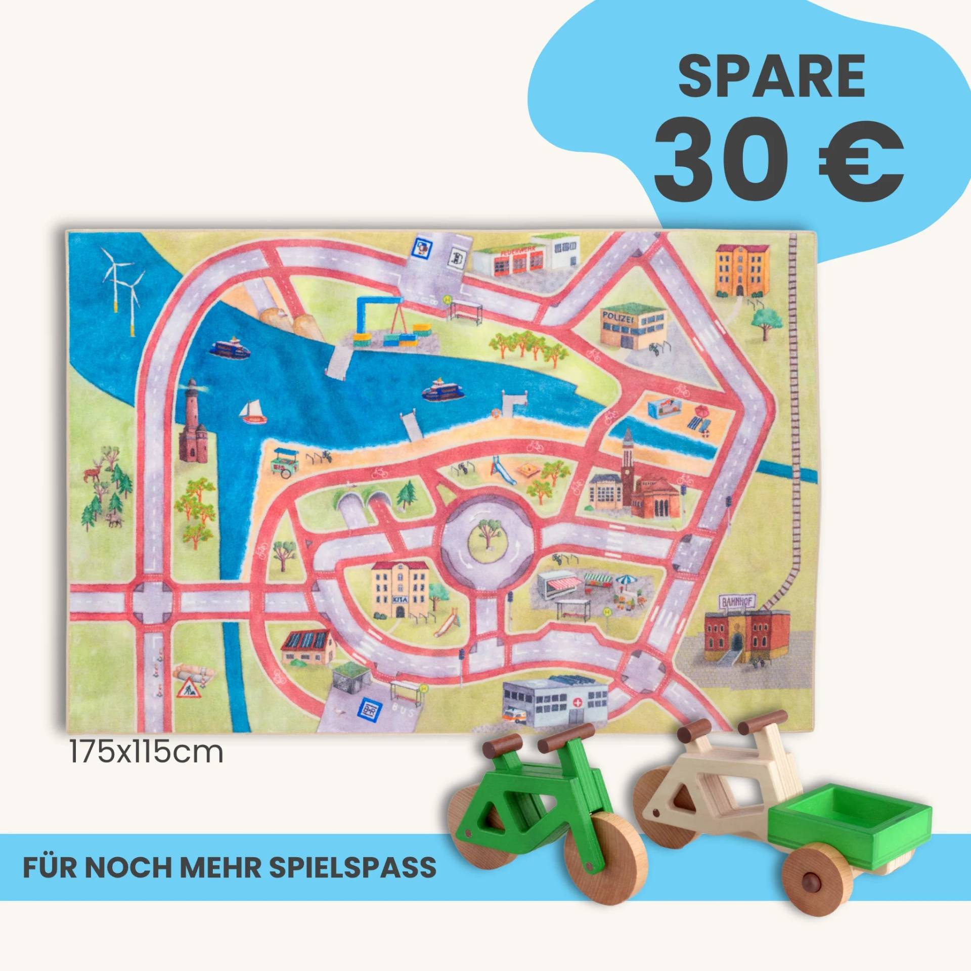 Spielteppich 175x115cm im Starter-Set | Spielzeugfahrrad aus Holz (Farbe): Grün | Spielzeuglastenrad aus Holz (Farbe): Natur | Flache Transportbox Lastenrad (Farbe): Grün
