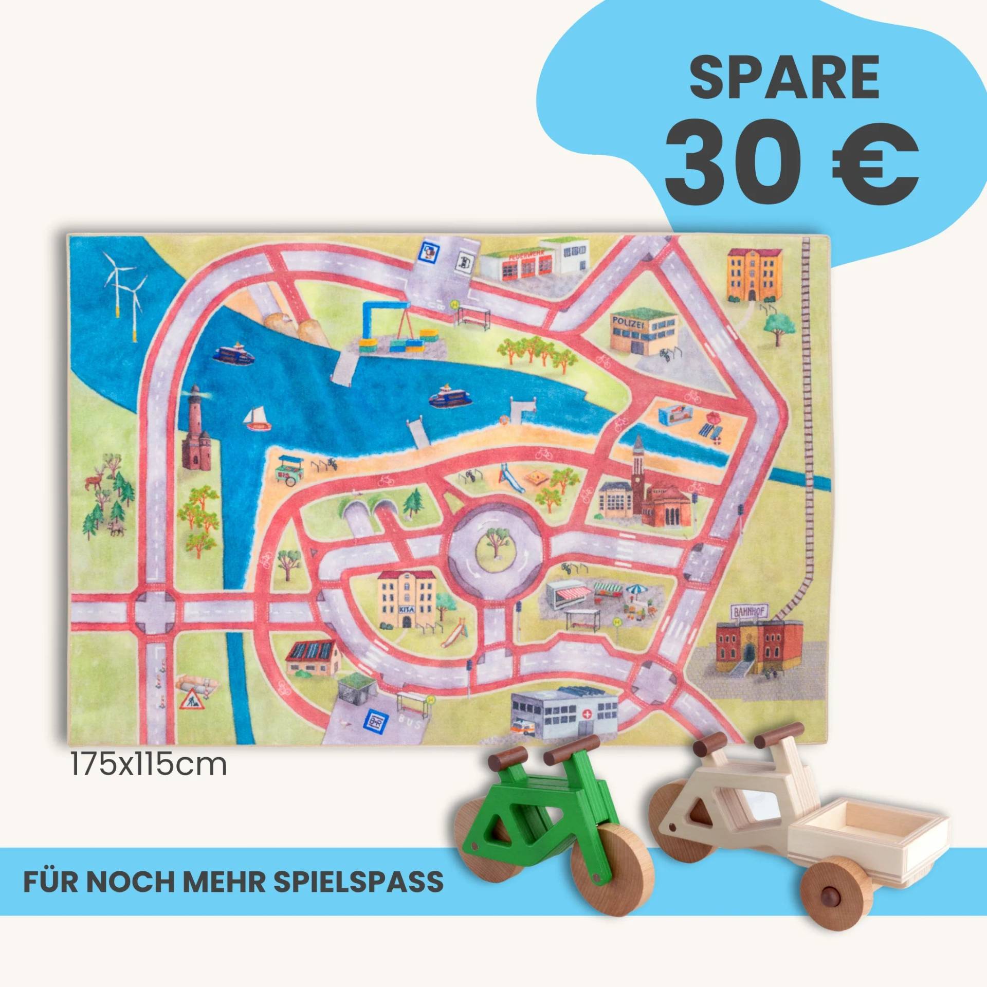 Spielteppich 175x115cm im Starter-Set | Spielzeugfahrrad aus Holz (Farbe): Grün | Spielzeuglastenrad aus Holz (Farbe): Natur | Flache Transportbox Lastenrad (Farbe): Natur
