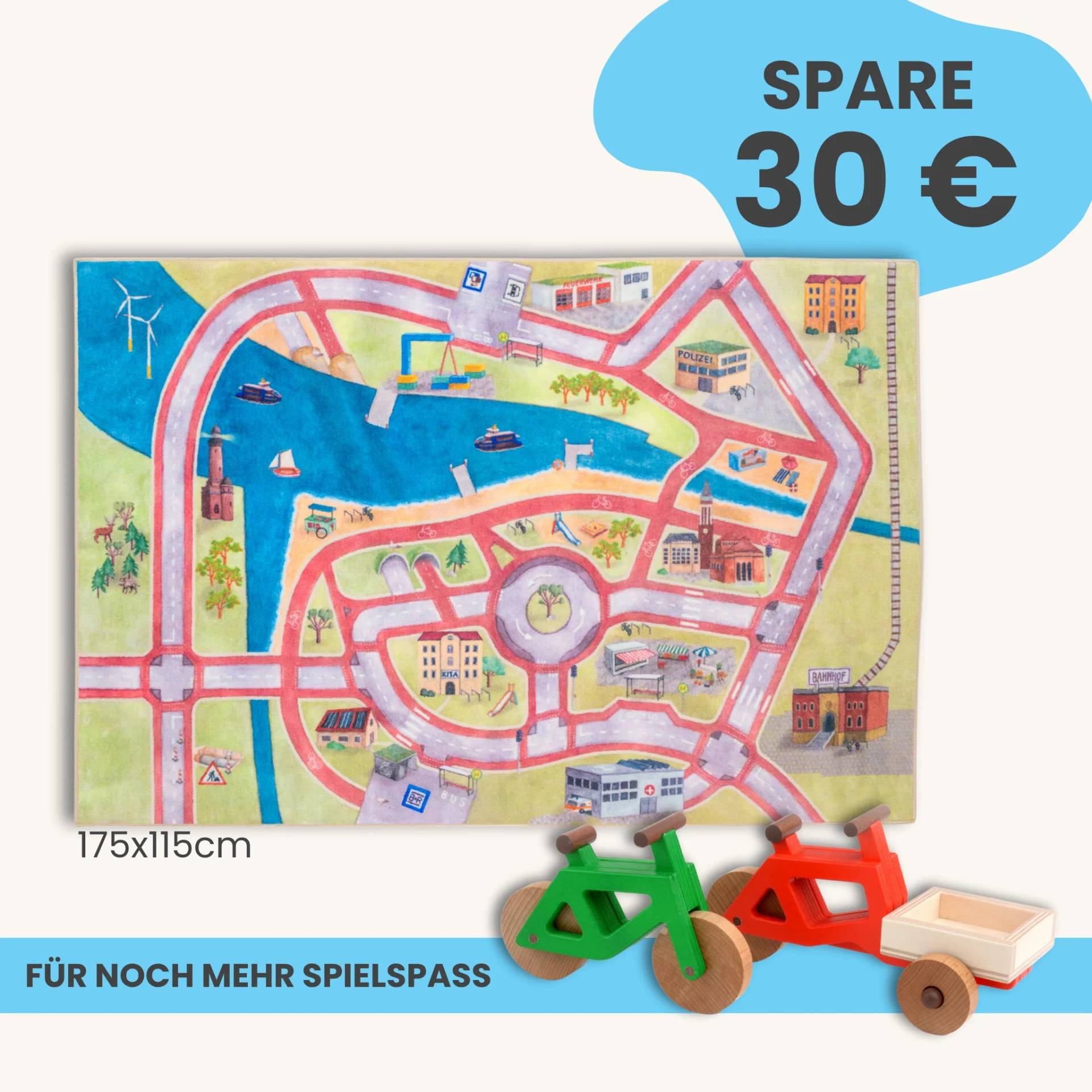 Spielteppich 175x115cm im Starter-Set | Spielzeugfahrrad aus Holz (Farbe): Grün | Spielzeuglastenrad aus Holz (Farbe): Rot | Flache Transportbox Lastenrad (Farbe): Natur