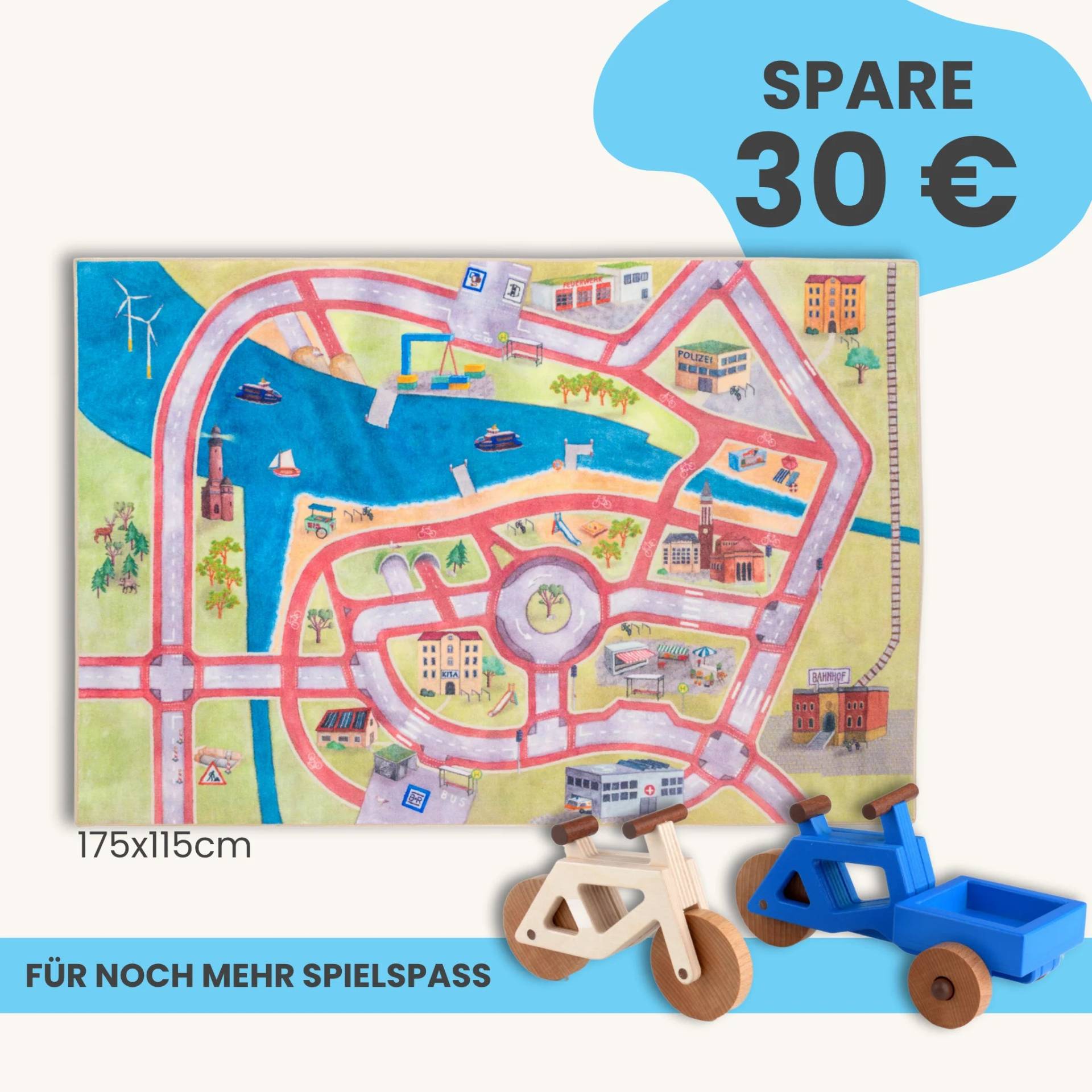 Spielteppich 175x115cm im Starter-Set | Spielzeugfahrrad aus Holz (Farbe): Natur | Spielzeuglastenrad aus Holz (Farbe): Blau | Flache Transportbox Lastenrad (Farbe): Blau