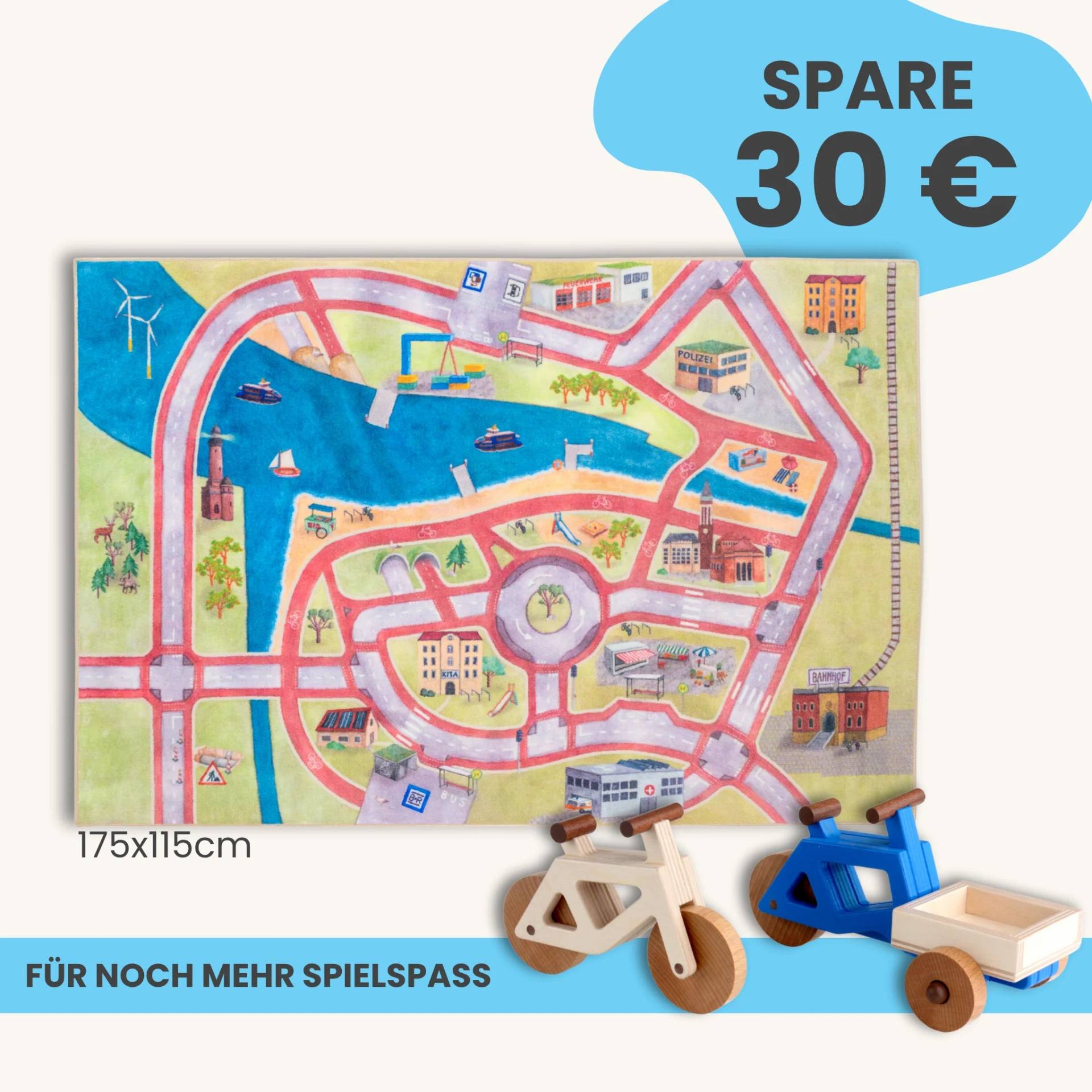 Spielteppich 175x115cm im Starter-Set | Spielzeugfahrrad aus Holz (Farbe): Natur | Spielzeuglastenrad aus Holz (Farbe): Blau | Flache Transportbox Lastenrad (Farbe): Natur