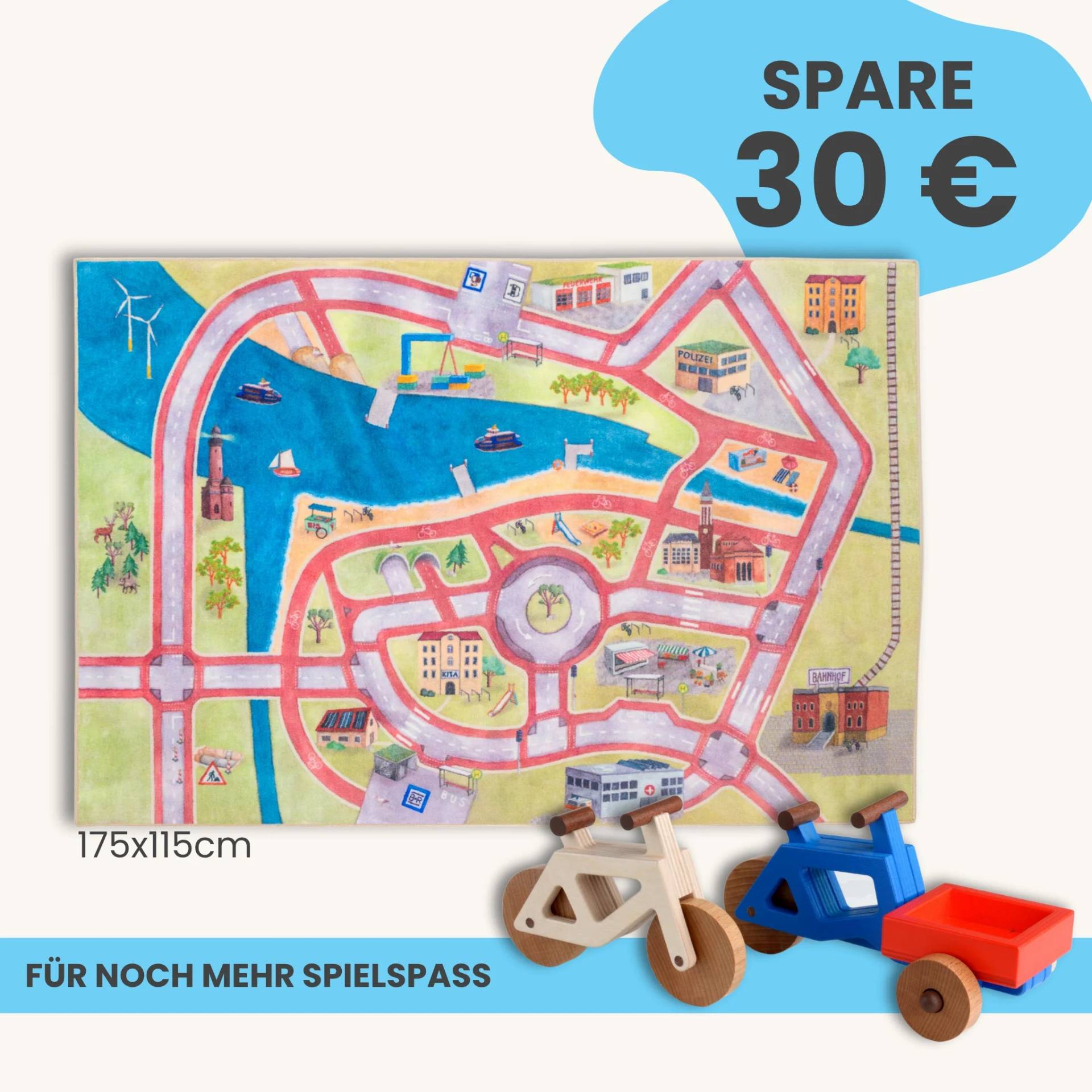 Spielteppich 175x115cm im Starter-Set | Spielzeugfahrrad aus Holz (Farbe): Natur | Spielzeuglastenrad aus Holz (Farbe): Blau | Flache Transportbox Lastenrad (Farbe): Rot
