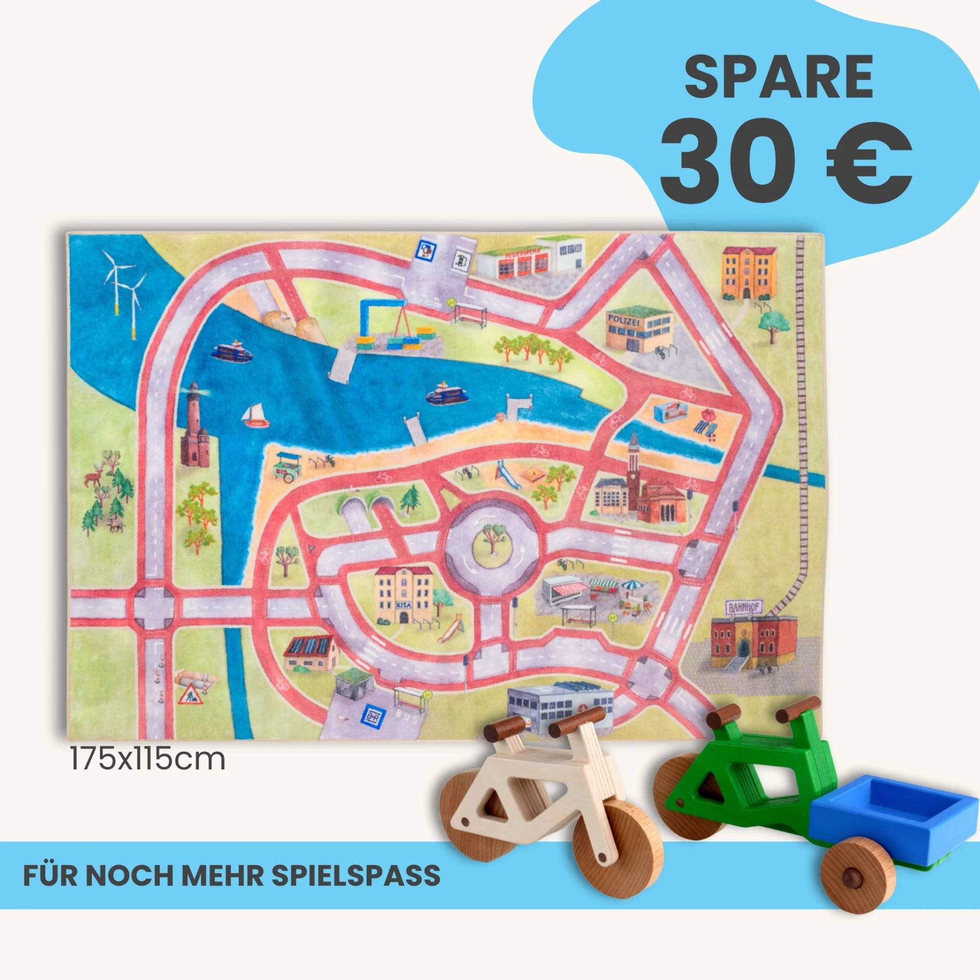 Spielteppich 175x115cm im Starter-Set | Spielzeugfahrrad aus Holz (Farbe): Natur | Spielzeuglastenrad aus Holz (Farbe): Grün | Flache Transportbox Lastenrad (Farbe): Blau