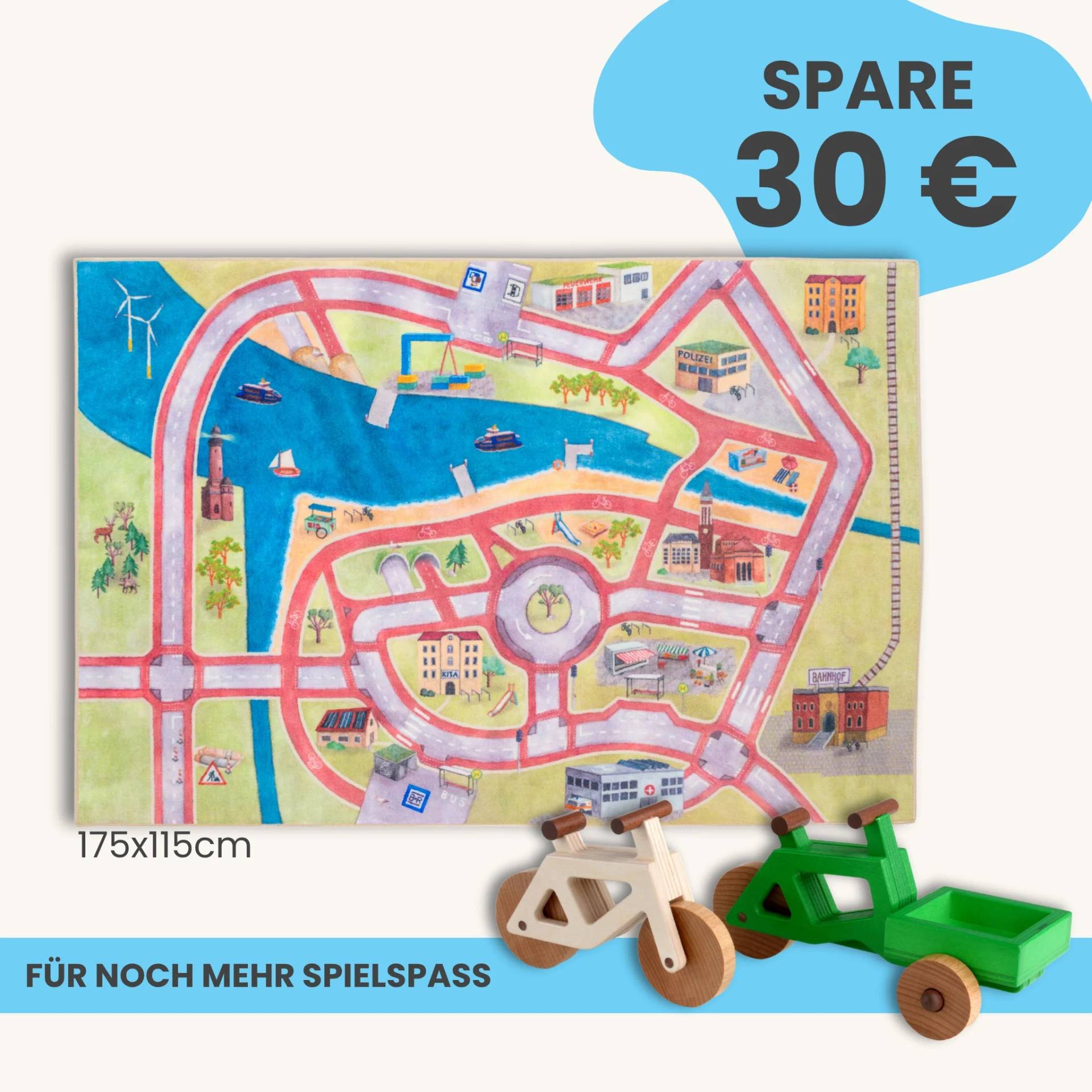 Spielteppich 175x115cm im Starter-Set | Spielzeugfahrrad aus Holz (Farbe): Natur | Spielzeuglastenrad aus Holz (Farbe): Grün | Flache Transportbox Lastenrad (Farbe): Grün