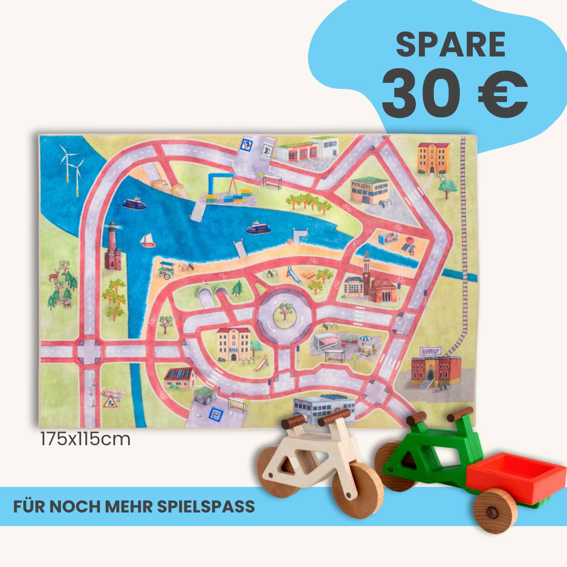 Spielteppich 175x115cm im Starter-Set | Spielzeugfahrrad aus Holz (Farbe): Natur | Spielzeuglastenrad aus Holz (Farbe): Grün | Flache Transportbox Lastenrad (Farbe): Rot