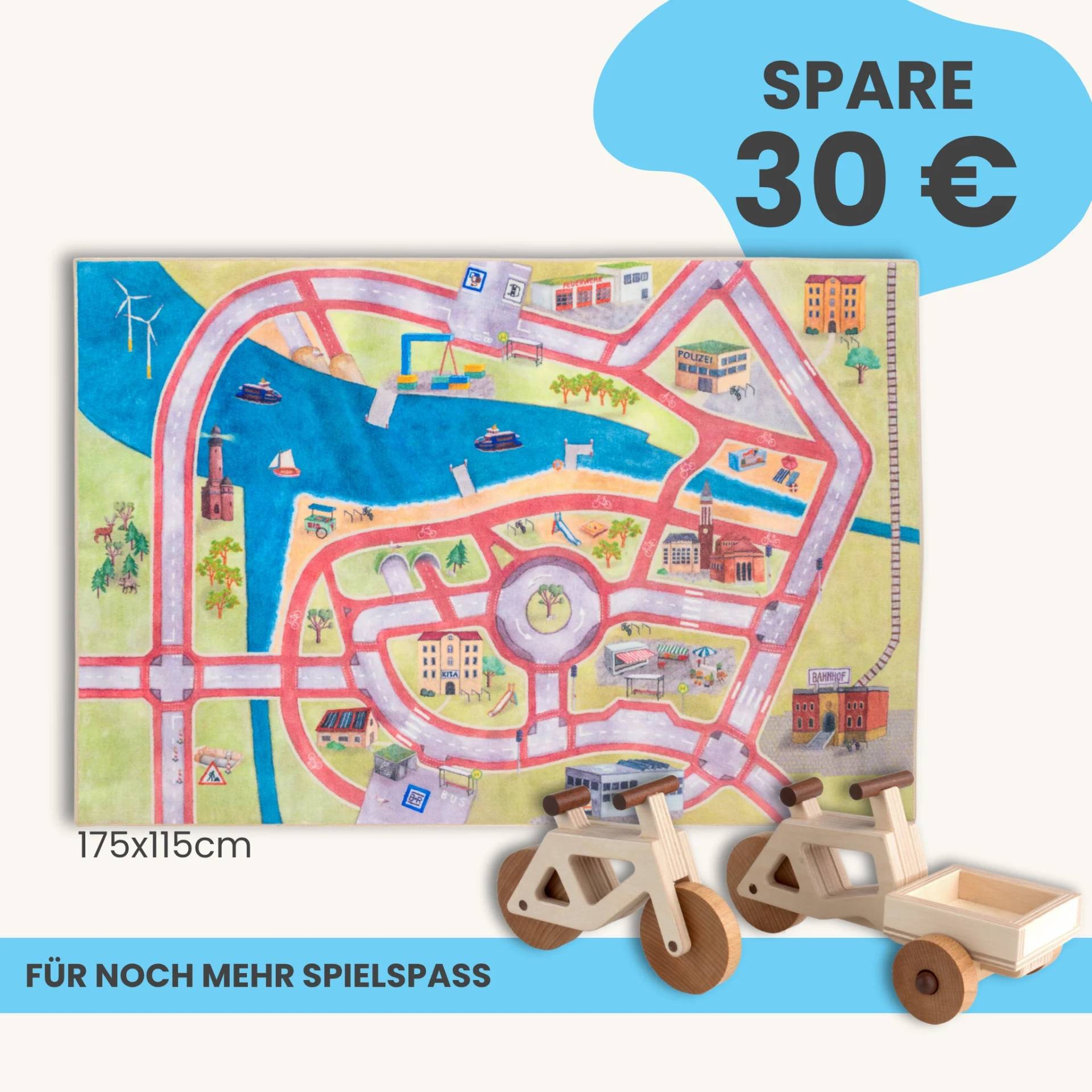 Spielteppich 175x115cm im Starter-Set | Spielzeugfahrrad aus Holz (Farbe): Natur | Spielzeuglastenrad aus Holz (Farbe): Natur | Flache Transportbox Lastenrad (Farbe): Natur