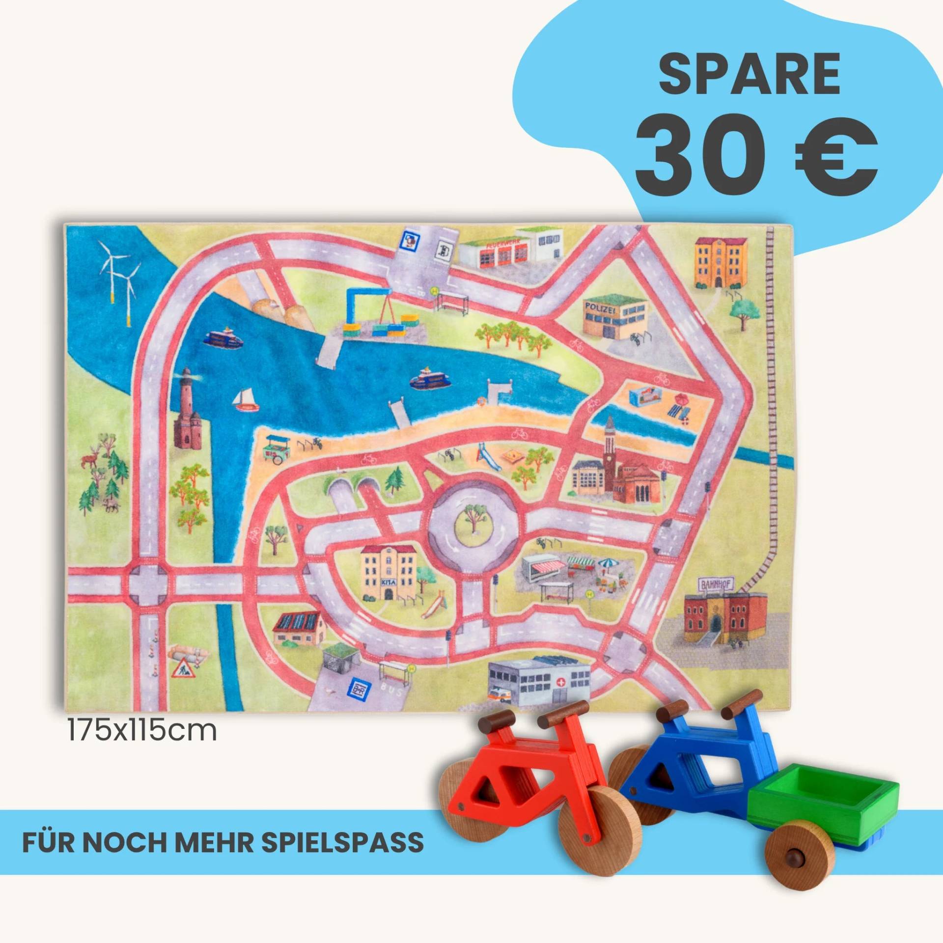 Spielteppich 175x115cm im Starter-Set | Spielzeugfahrrad aus Holz (Farbe): Rot | Spielzeuglastenrad aus Holz (Farbe): Blau | Flache Transportbox Lastenrad (Farbe): Grün