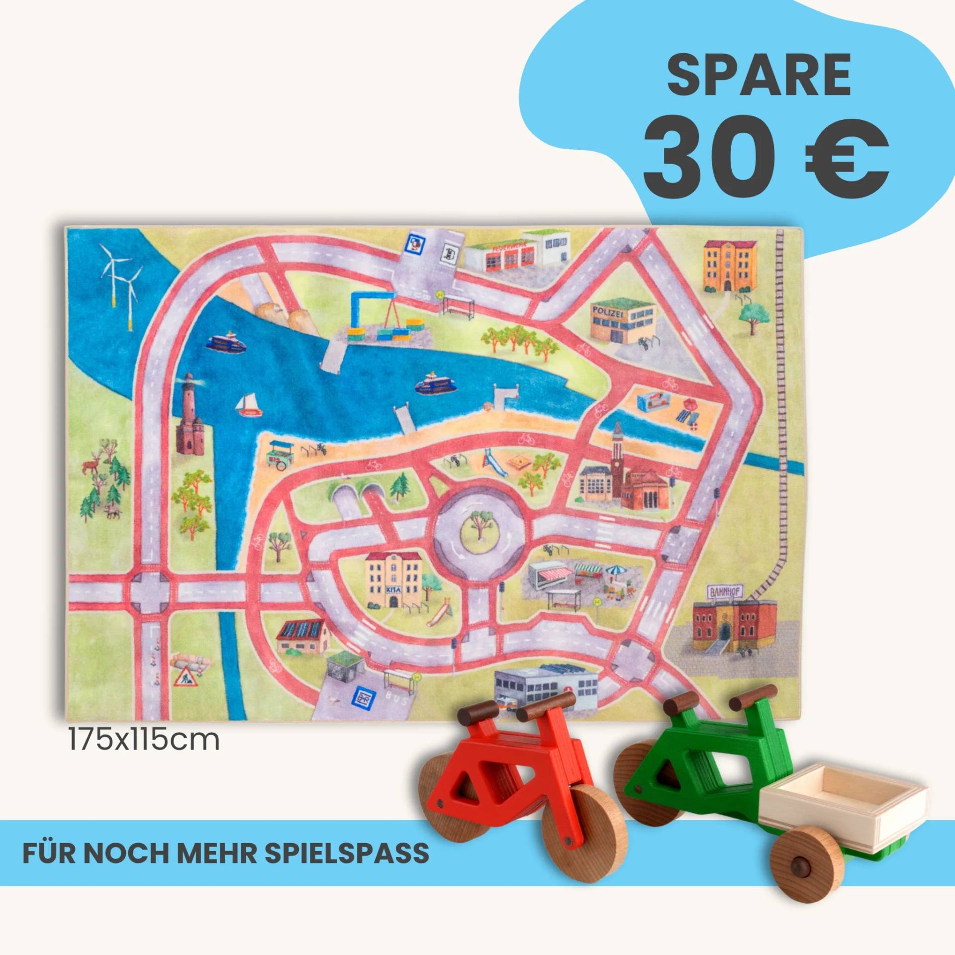Spielteppich 175x115cm im Starter-Set | Spielzeugfahrrad aus Holz (Farbe): Rot | Spielzeuglastenrad aus Holz (Farbe): Grün | Flache Transportbox Lastenrad (Farbe): Natur