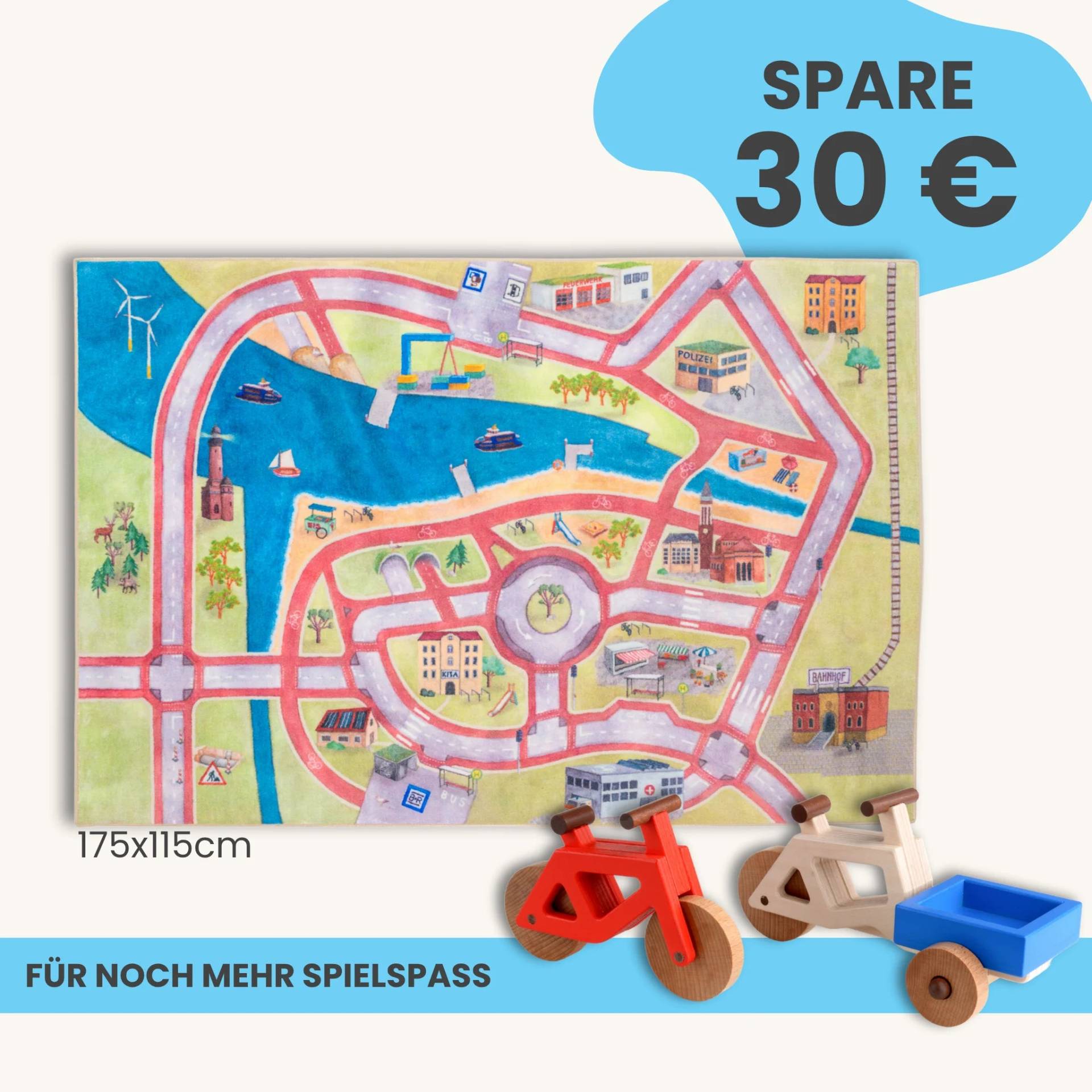 Spielteppich 175x115cm im Starter-Set | Spielzeugfahrrad aus Holz (Farbe): Rot | Spielzeuglastenrad aus Holz (Farbe): Natur | Flache Transportbox Lastenrad (Farbe): Blau