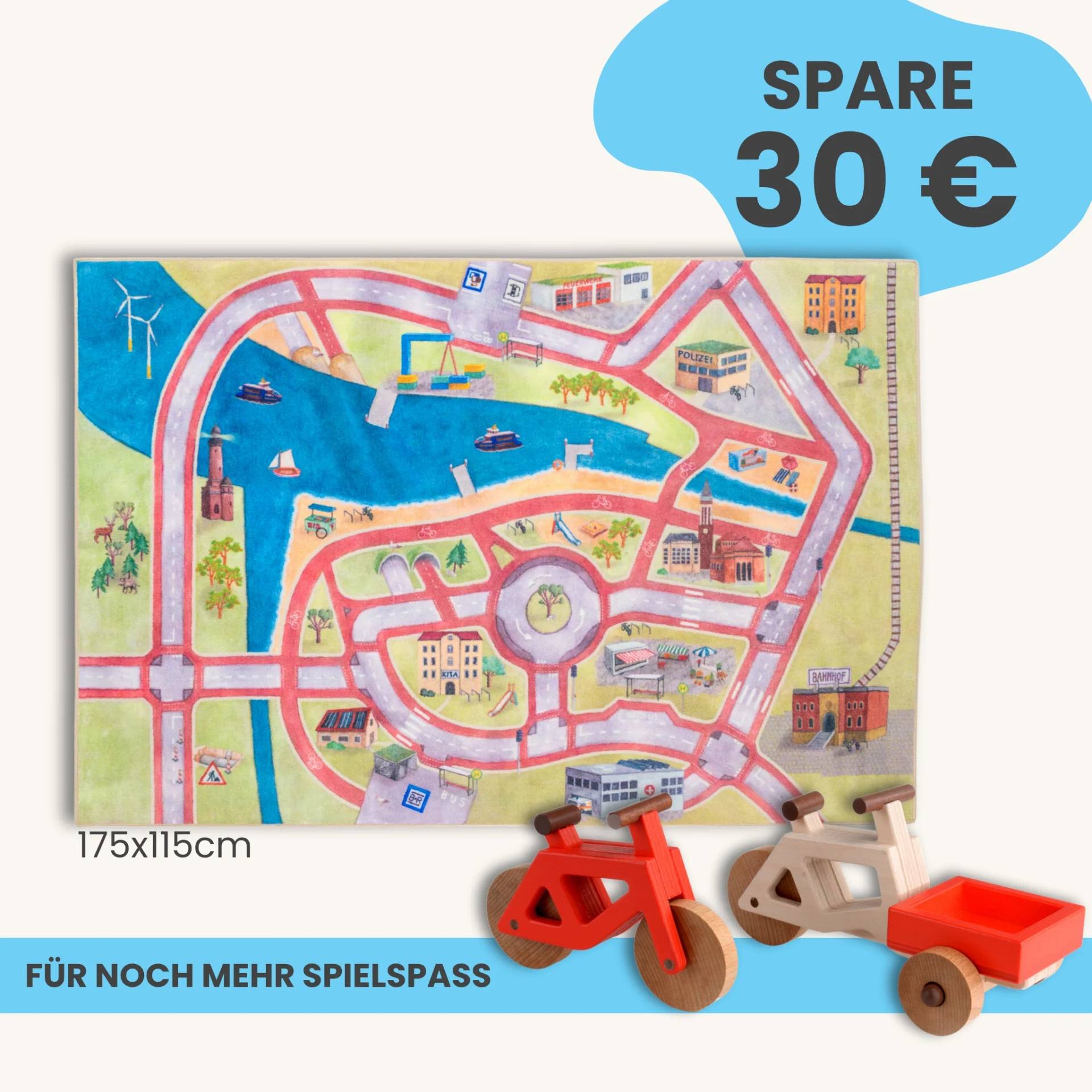 Spielteppich 175x115cm im Starter-Set | Spielzeugfahrrad aus Holz (Farbe): Rot | Spielzeuglastenrad aus Holz (Farbe): Natur | Flache Transportbox Lastenrad (Farbe): Rot