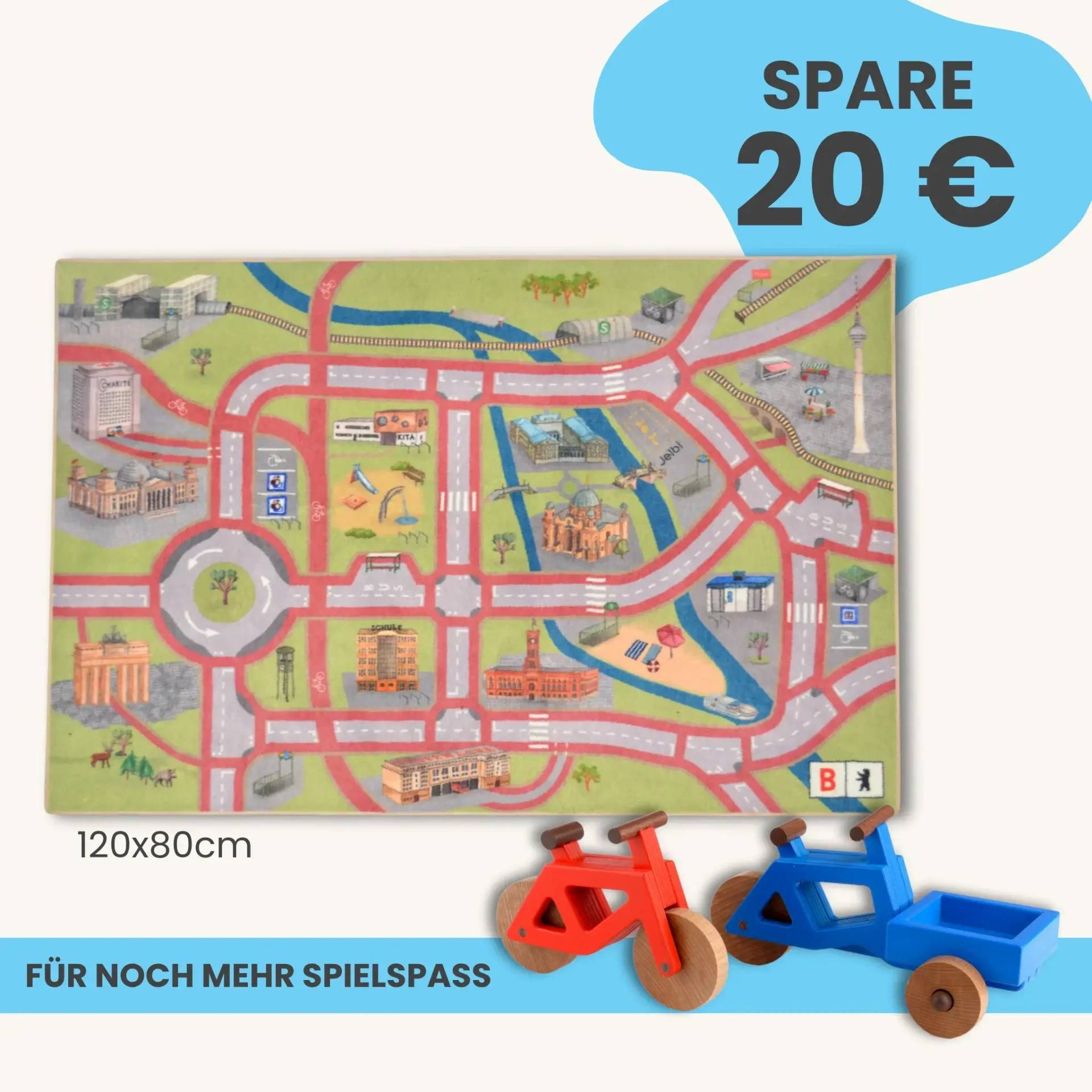 Spielteppich Berlin 120x80cm im Starter-Set | Spielzeugfahrrad aus Holz (Farbe): Blau | Spielzeuglastenrad aus Holz (Farbe): Blau | Flache Transportbox Lastenrad (Farbe): Blau