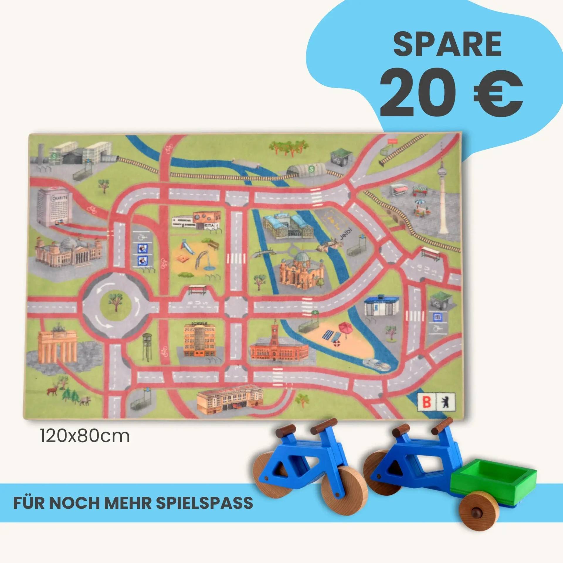 Spielteppich Berlin 120x80cm im Starter-Set | Spielzeugfahrrad aus Holz (Farbe): Blau | Spielzeuglastenrad aus Holz (Farbe): Blau | Flache Transportbox Lastenrad (Farbe): Grün