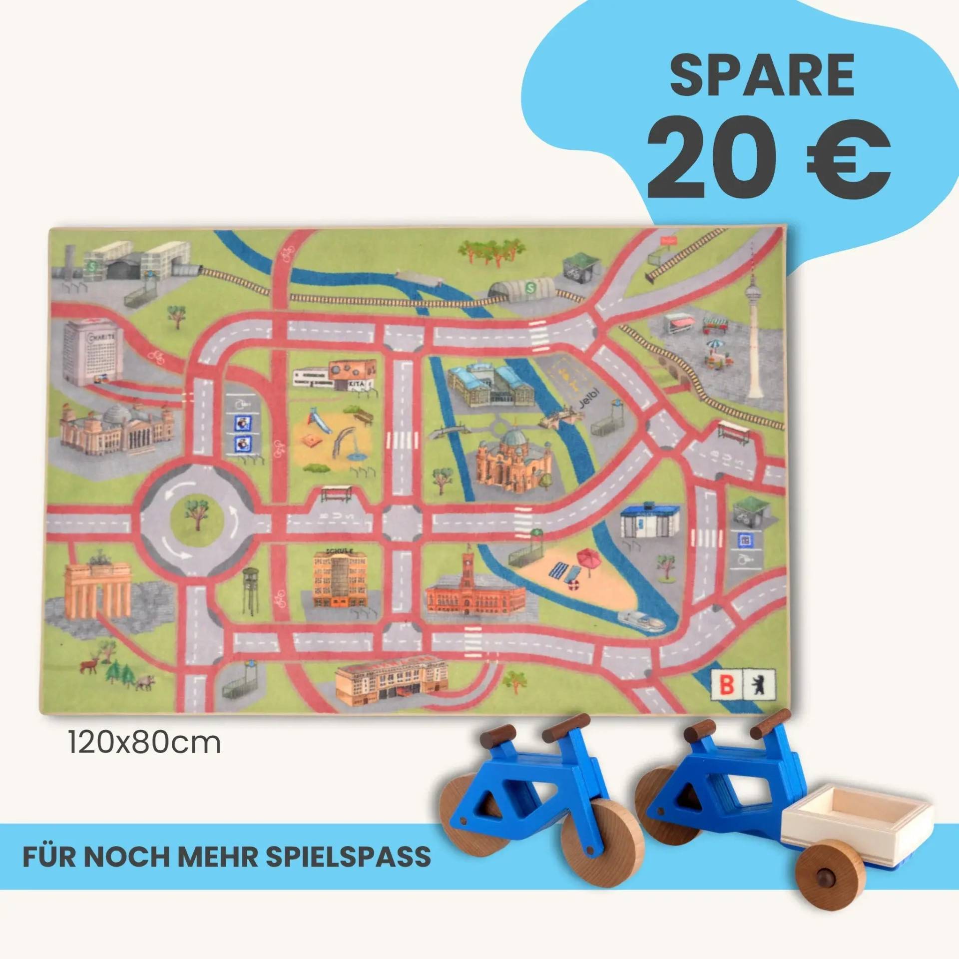 Spielteppich Berlin 120x80cm im Starter-Set | Spielzeugfahrrad aus Holz (Farbe): Blau | Spielzeuglastenrad aus Holz (Farbe): Blau | Flache Transportbox Lastenrad (Farbe): Natur
