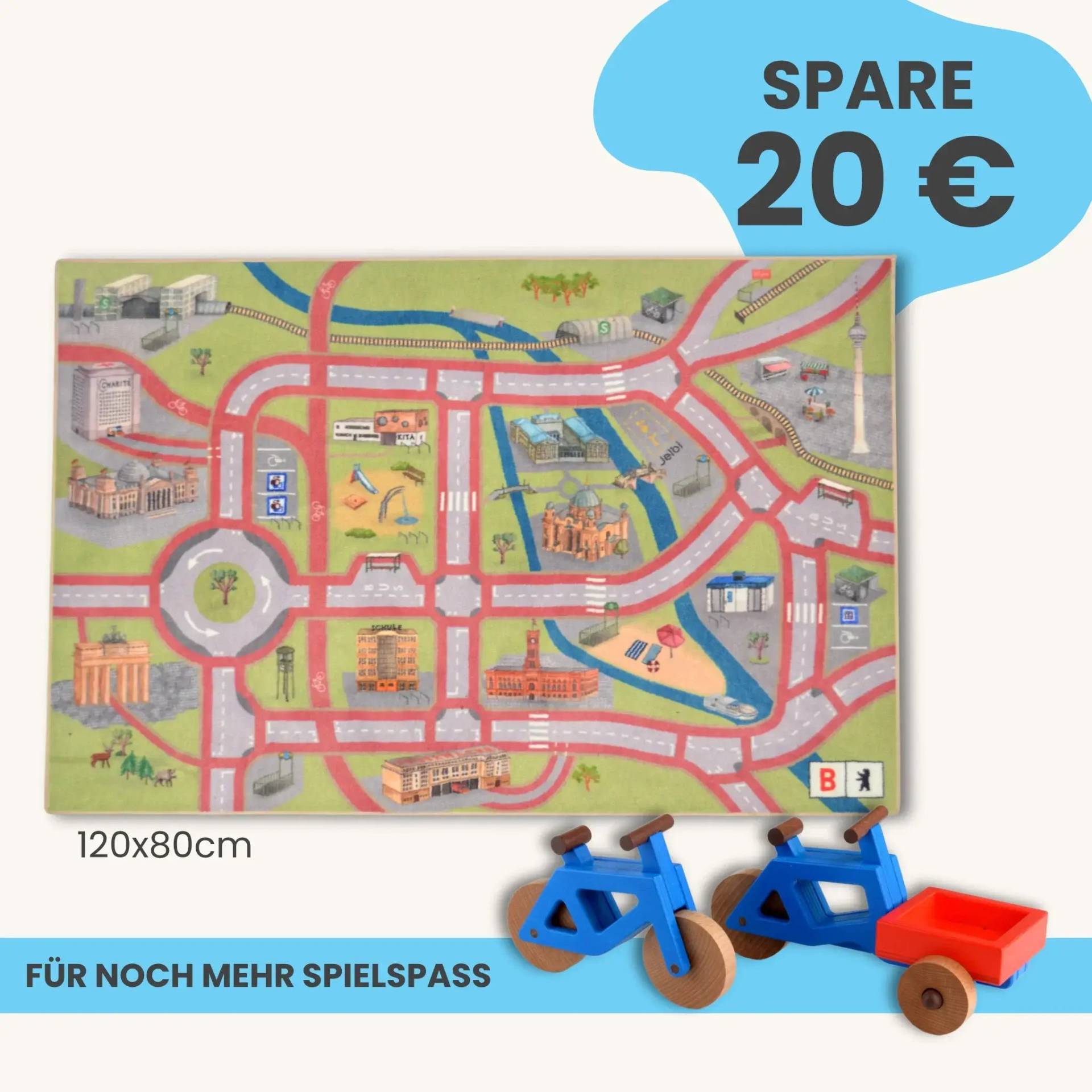 Spielteppich Berlin 120x80cm im Starter-Set | Spielzeugfahrrad aus Holz (Farbe): Blau | Spielzeuglastenrad aus Holz (Farbe): Blau | Flache Transportbox Lastenrad (Farbe): Rot