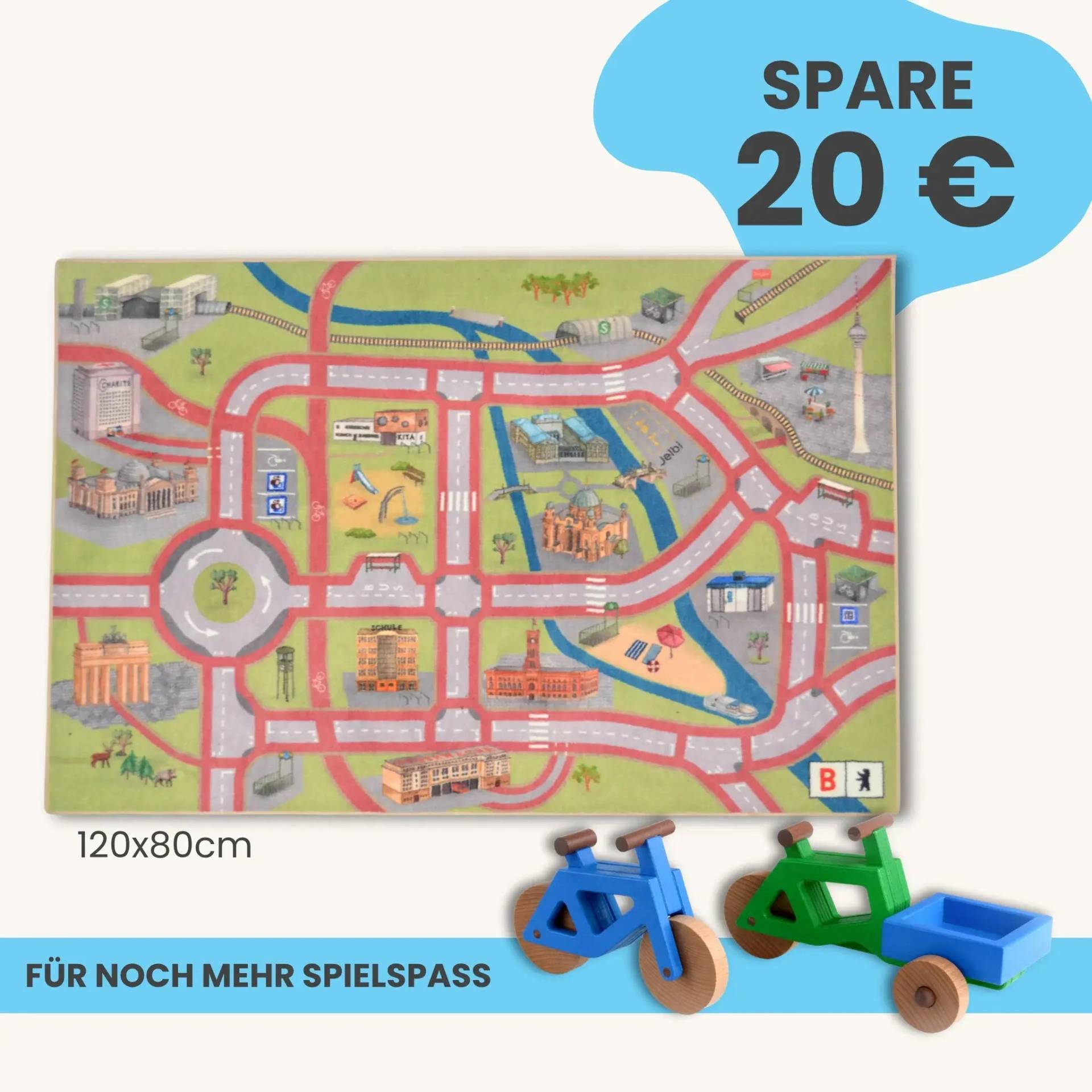 Spielteppich Berlin 120x80cm im Starter-Set | Spielzeugfahrrad aus Holz (Farbe): Blau | Spielzeuglastenrad aus Holz (Farbe): Grün | Flache Transportbox Lastenrad (Farbe): Blau