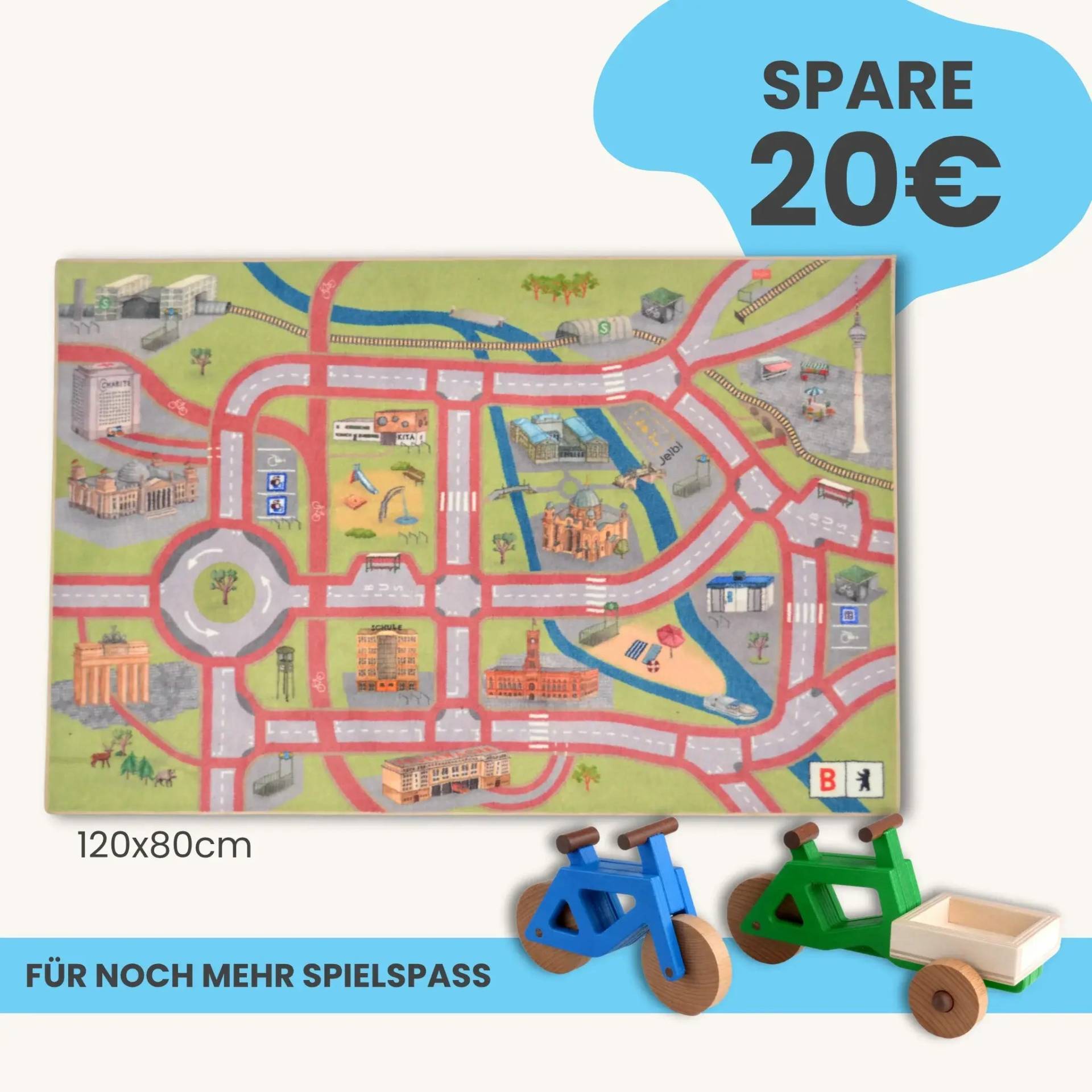 Spielteppich Berlin 120x80cm im Starter-Set | Spielzeugfahrrad aus Holz (Farbe): Blau | Spielzeuglastenrad aus Holz (Farbe): Grün | Flache Transportbox Lastenrad (Farbe): Natur