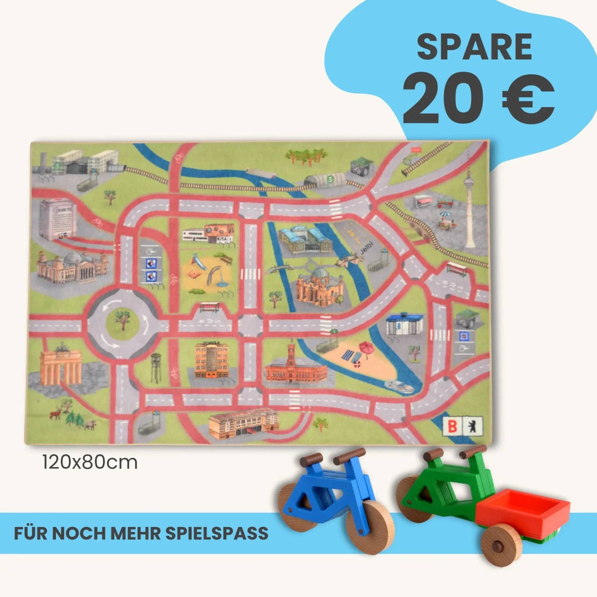 Spielteppich Berlin 120x80cm im Starter-Set | Spielzeugfahrrad aus Holz (Farbe): Blau | Spielzeuglastenrad aus Holz (Farbe): Grün | Flache Transportbox Lastenrad (Farbe): Rot