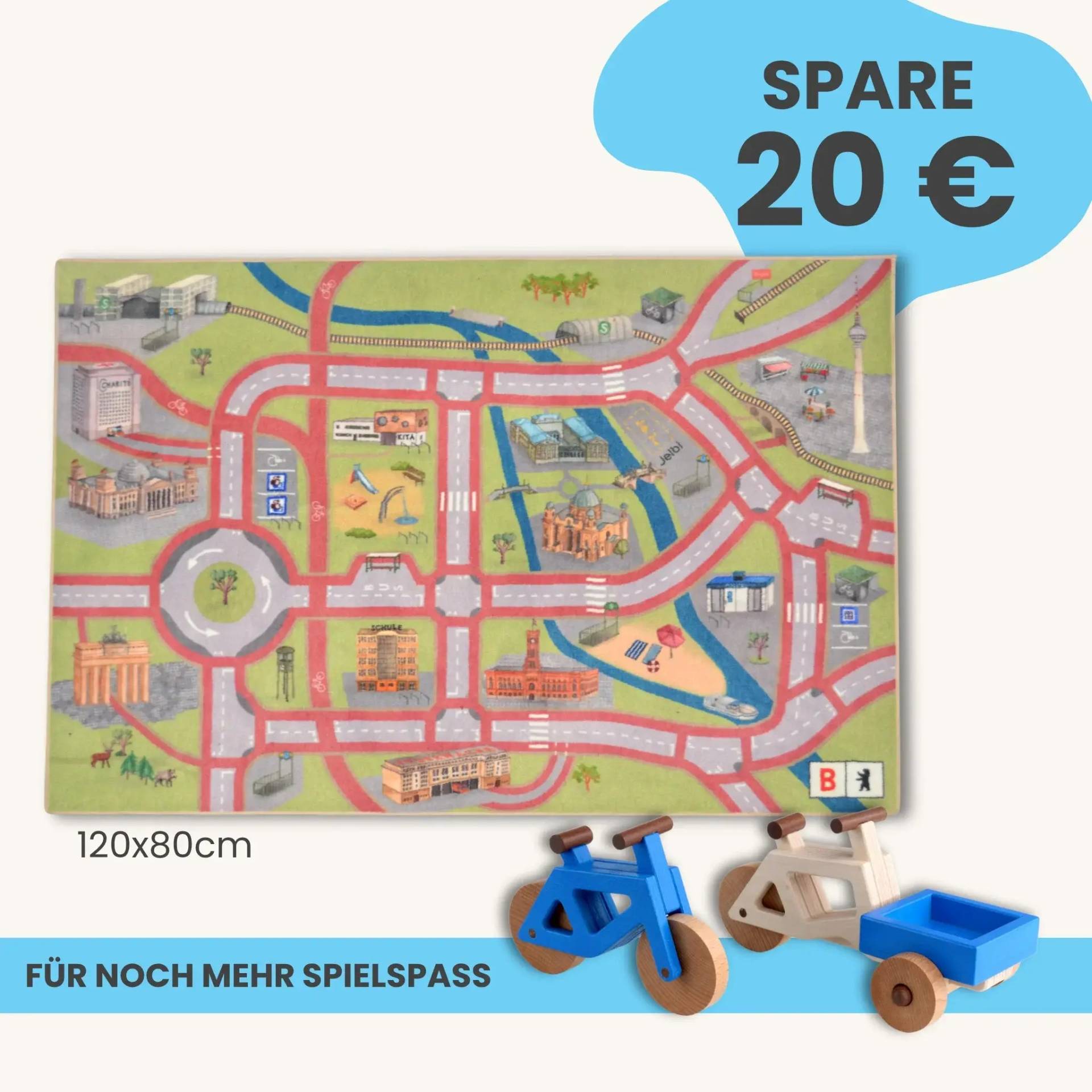 Spielteppich Berlin 120x80cm im Starter-Set | Spielzeugfahrrad aus Holz (Farbe): Blau | Spielzeuglastenrad aus Holz (Farbe): Natur | Flache Transportbox Lastenrad (Farbe): Blau
