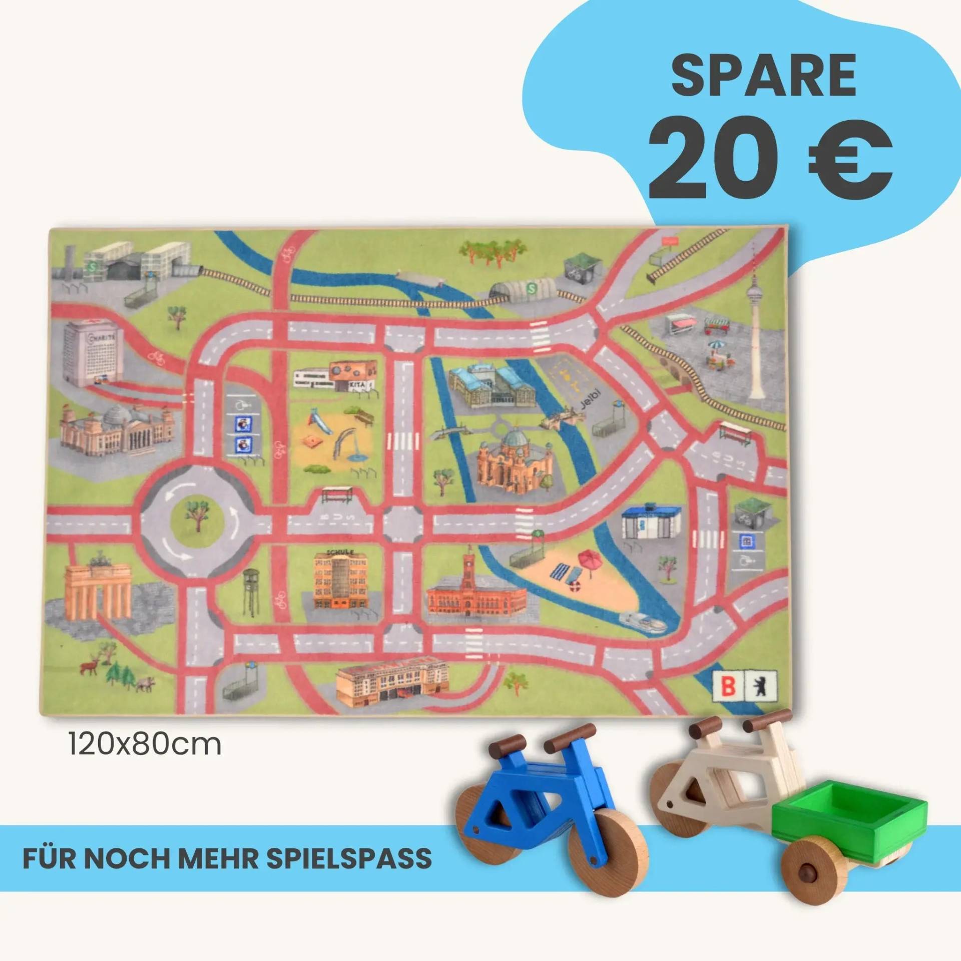 Spielteppich Berlin 120x80cm im Starter-Set | Spielzeugfahrrad aus Holz (Farbe): Blau | Spielzeuglastenrad aus Holz (Farbe): Natur | Flache Transportbox Lastenrad (Farbe): Grün