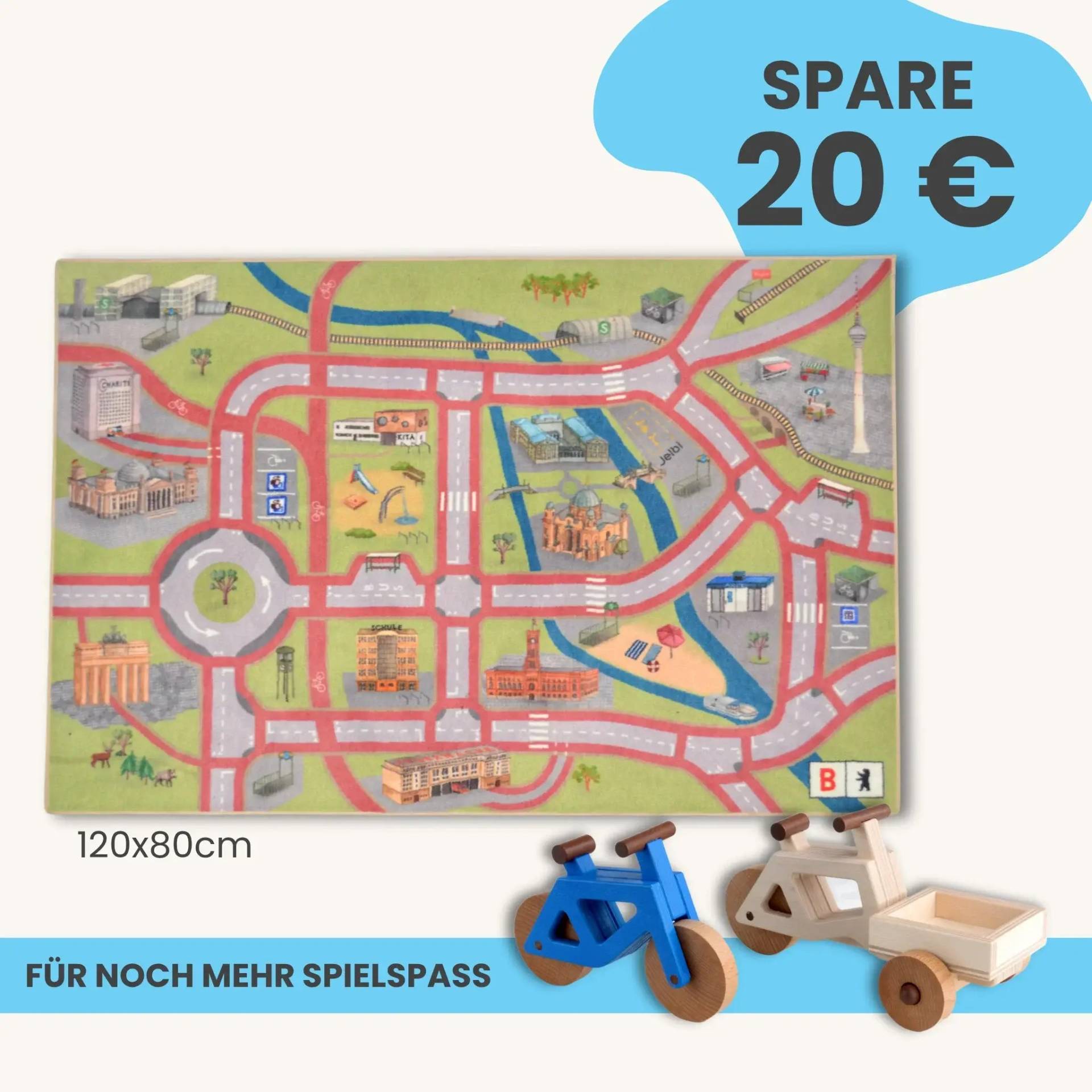 Spielteppich Berlin 120x80cm im Starter-Set | Spielzeugfahrrad aus Holz (Farbe): Blau | Spielzeuglastenrad aus Holz (Farbe): Natur | Flache Transportbox Lastenrad (Farbe): Natur