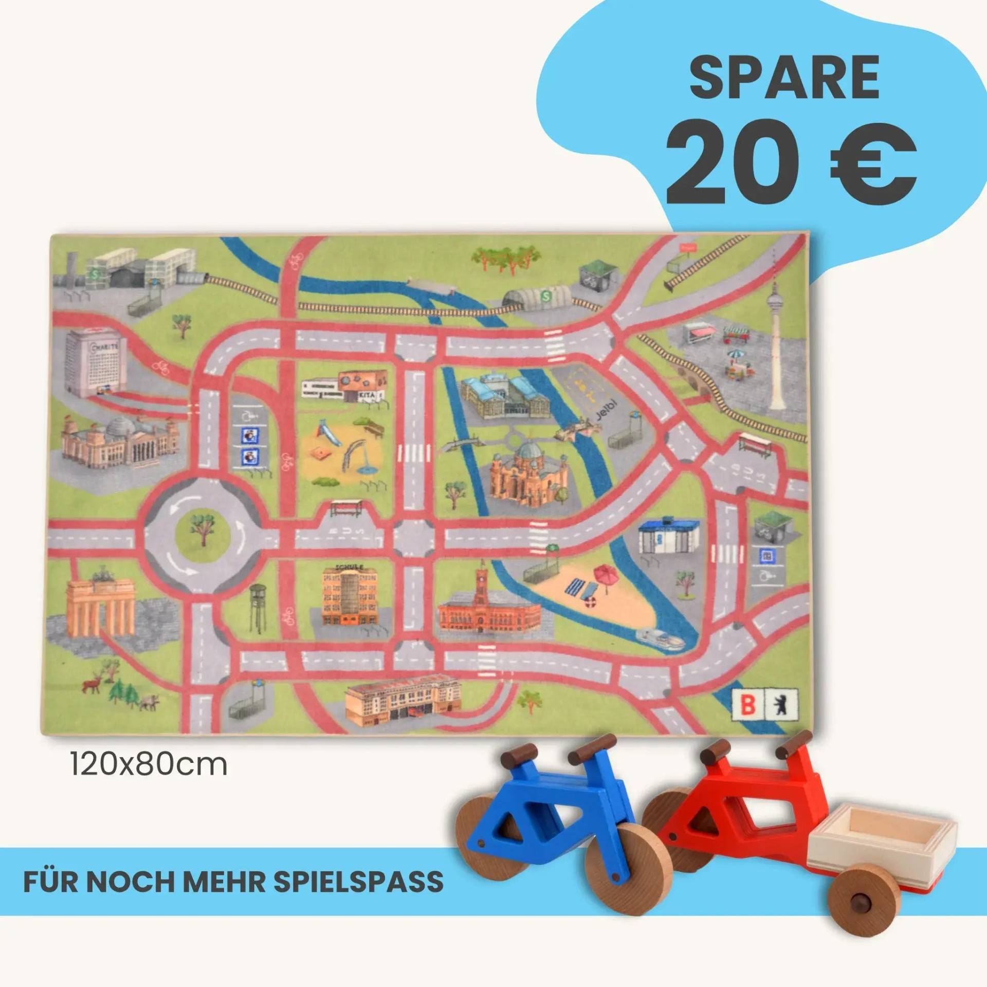 Spielteppich Berlin 120x80cm im Starter-Set | Spielzeugfahrrad aus Holz (Farbe): Blau | Spielzeuglastenrad aus Holz (Farbe): Rot | Flache Transportbox Lastenrad (Farbe): Natur