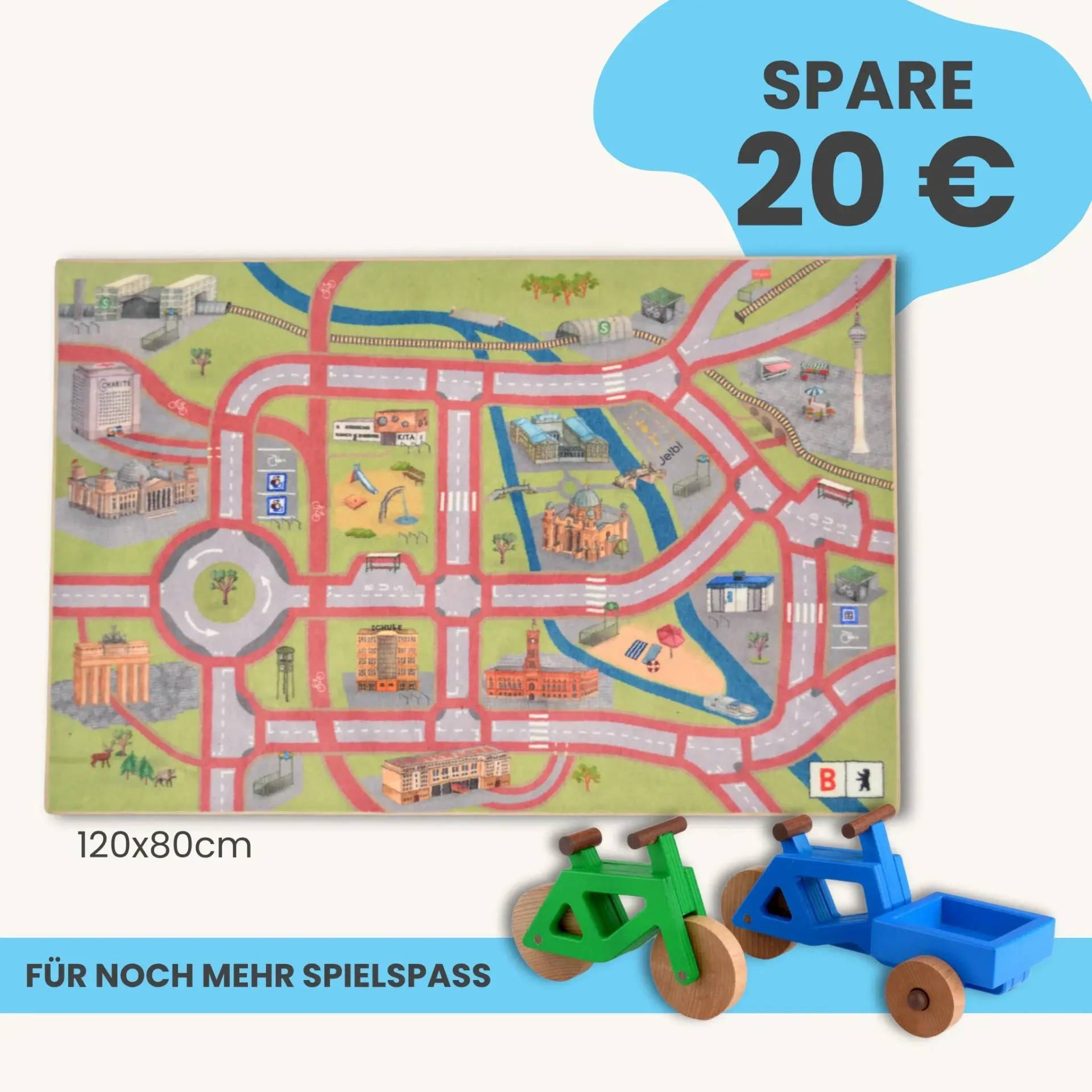 Spielteppich Berlin 120x80cm im Starter-Set | Spielzeugfahrrad aus Holz (Farbe): Grün | Spielzeuglastenrad aus Holz (Farbe): Blau | Flache Transportbox Lastenrad (Farbe): Blau