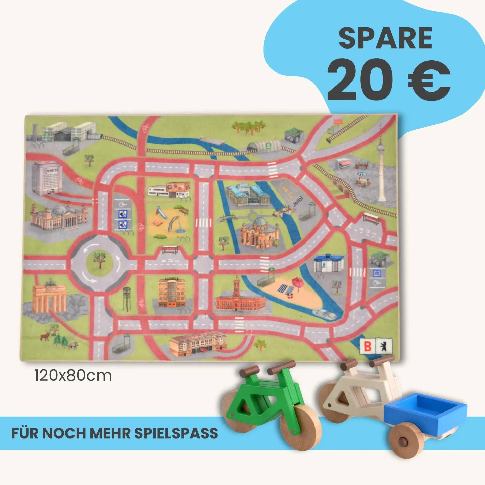 Spielteppich Berlin 120x80cm im Starter-Set | Spielzeugfahrrad aus Holz (Farbe): Grün | Spielzeuglastenrad aus Holz (Farbe): Natur | Flache Transportbox Lastenrad (Farbe): Blau