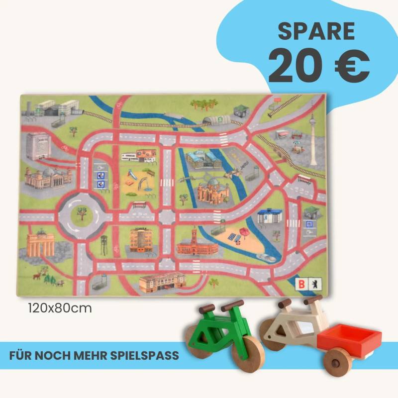 Spielteppich Berlin 120x80cm im Starter-Set | Spielzeugfahrrad aus Holz (Farbe): Grün | Spielzeuglastenrad aus Holz (Farbe): Natur | Flache Transportbox Lastenrad (Farbe): Rot