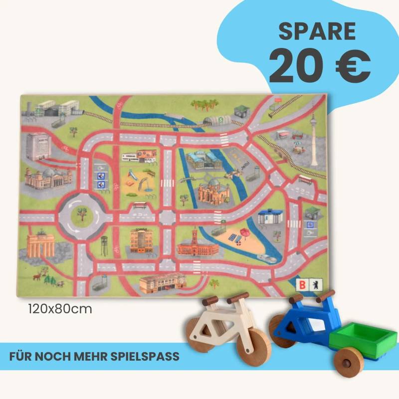 Spielteppich Berlin 120x80cm im Starter-Set | Spielzeugfahrrad aus Holz (Farbe): Natur | Spielzeuglastenrad aus Holz (Farbe): Blau | Flache Transportbox Lastenrad (Farbe): Grün
