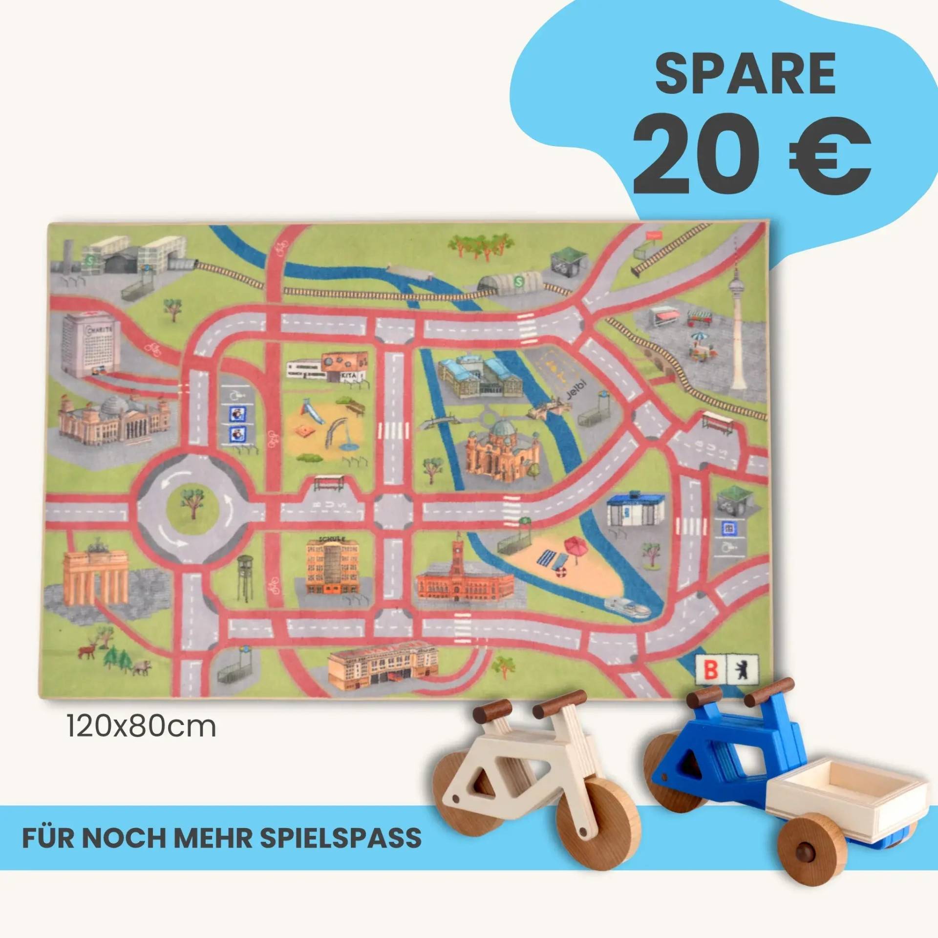 Spielteppich Berlin 120x80cm im Starter-Set | Spielzeugfahrrad aus Holz (Farbe): Natur | Spielzeuglastenrad aus Holz (Farbe): Blau | Flache Transportbox Lastenrad (Farbe): Natur