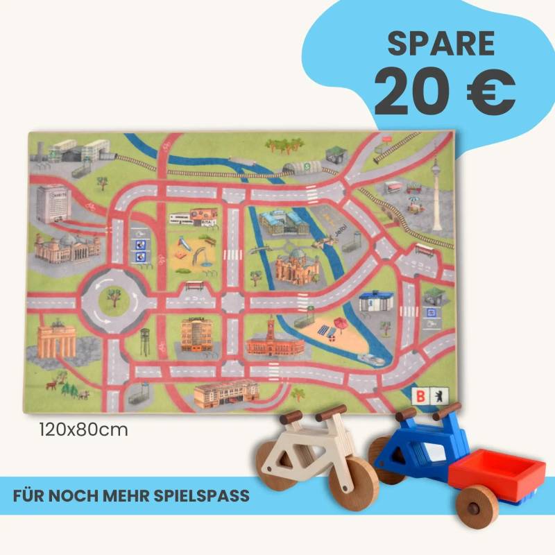 Spielteppich Berlin 120x80cm im Starter-Set | Spielzeugfahrrad aus Holz (Farbe): Natur | Spielzeuglastenrad aus Holz (Farbe): Blau | Flache Transportbox Lastenrad (Farbe): Rot