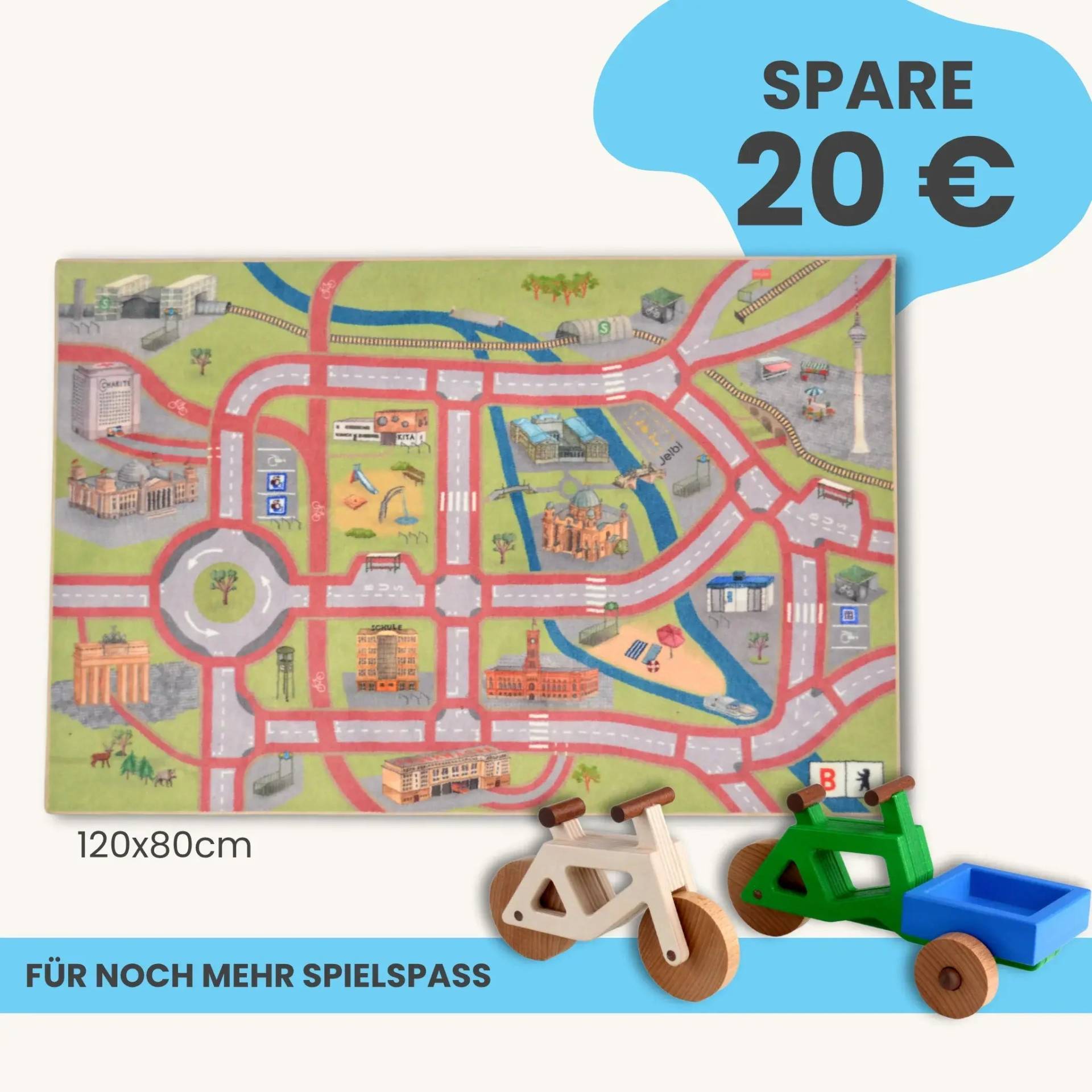 Spielteppich Berlin 120x80cm im Starter-Set | Spielzeugfahrrad aus Holz (Farbe): Natur | Spielzeuglastenrad aus Holz (Farbe): Grün | Flache Transportbox Lastenrad (Farbe): Blau