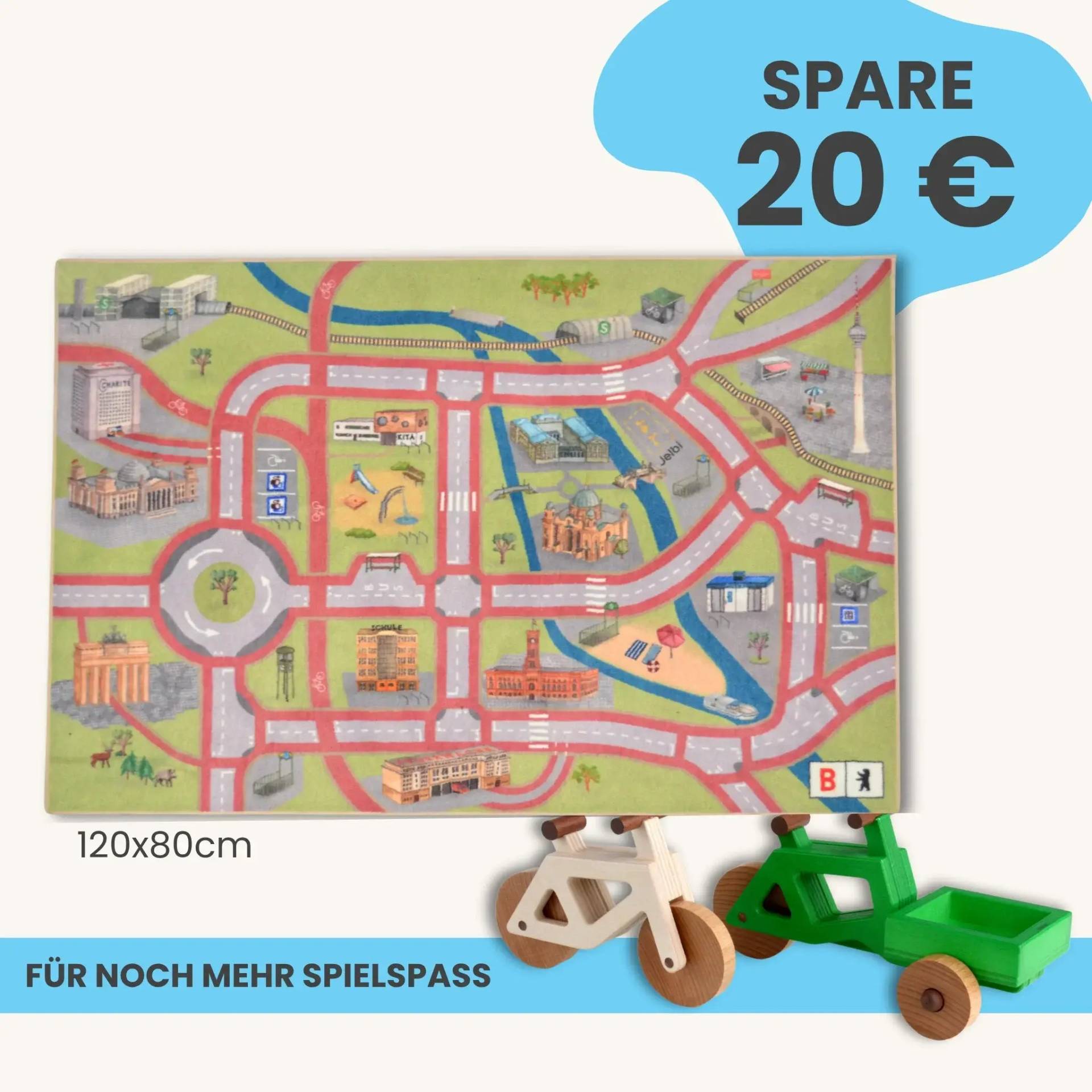Spielteppich Berlin 120x80cm im Starter-Set | Spielzeugfahrrad aus Holz (Farbe): Natur | Spielzeuglastenrad aus Holz (Farbe): Grün | Flache Transportbox Lastenrad (Farbe): Grün