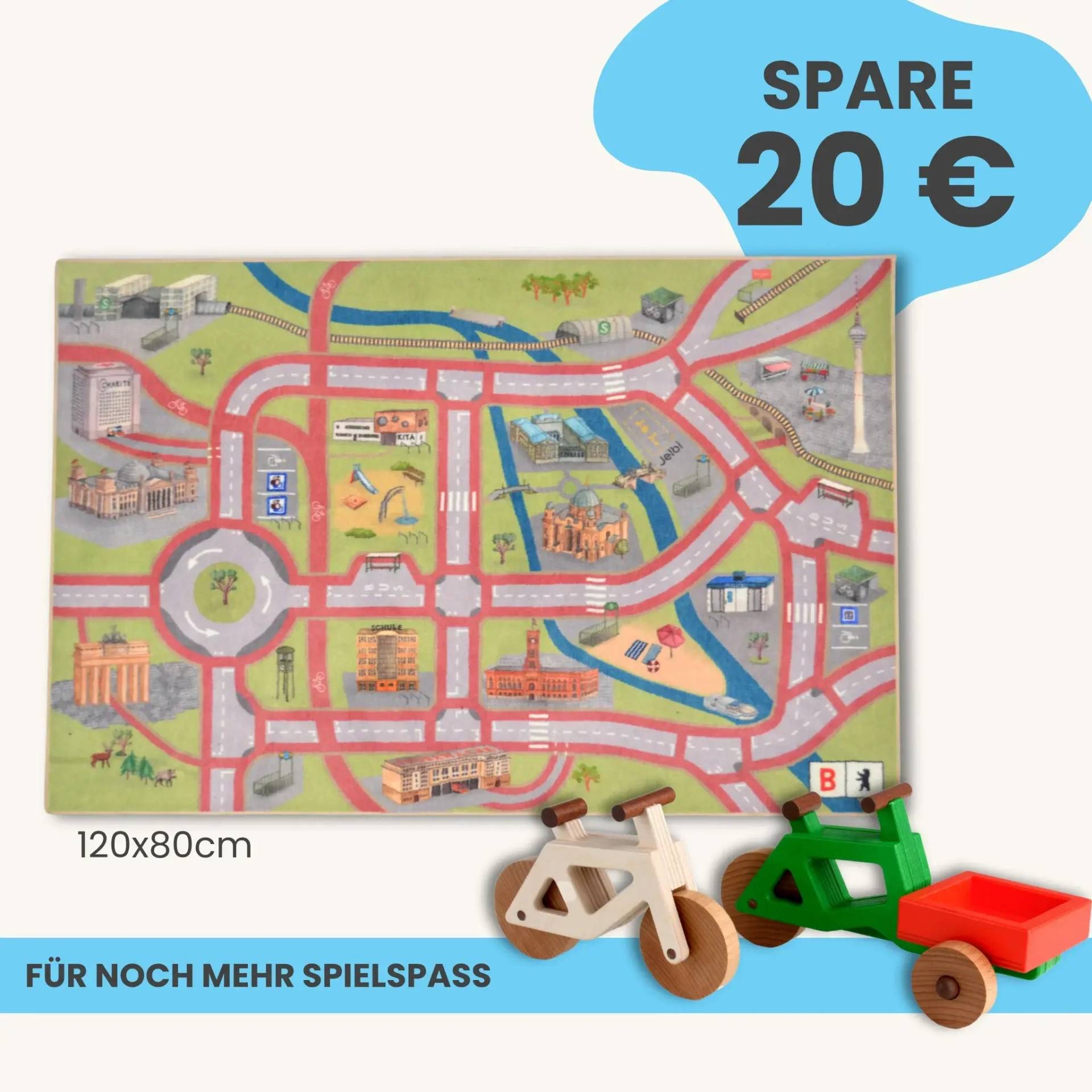 Spielteppich Berlin 120x80cm im Starter-Set | Spielzeugfahrrad aus Holz (Farbe): Natur | Spielzeuglastenrad aus Holz (Farbe): Grün | Flache Transportbox Lastenrad (Farbe): Rot
